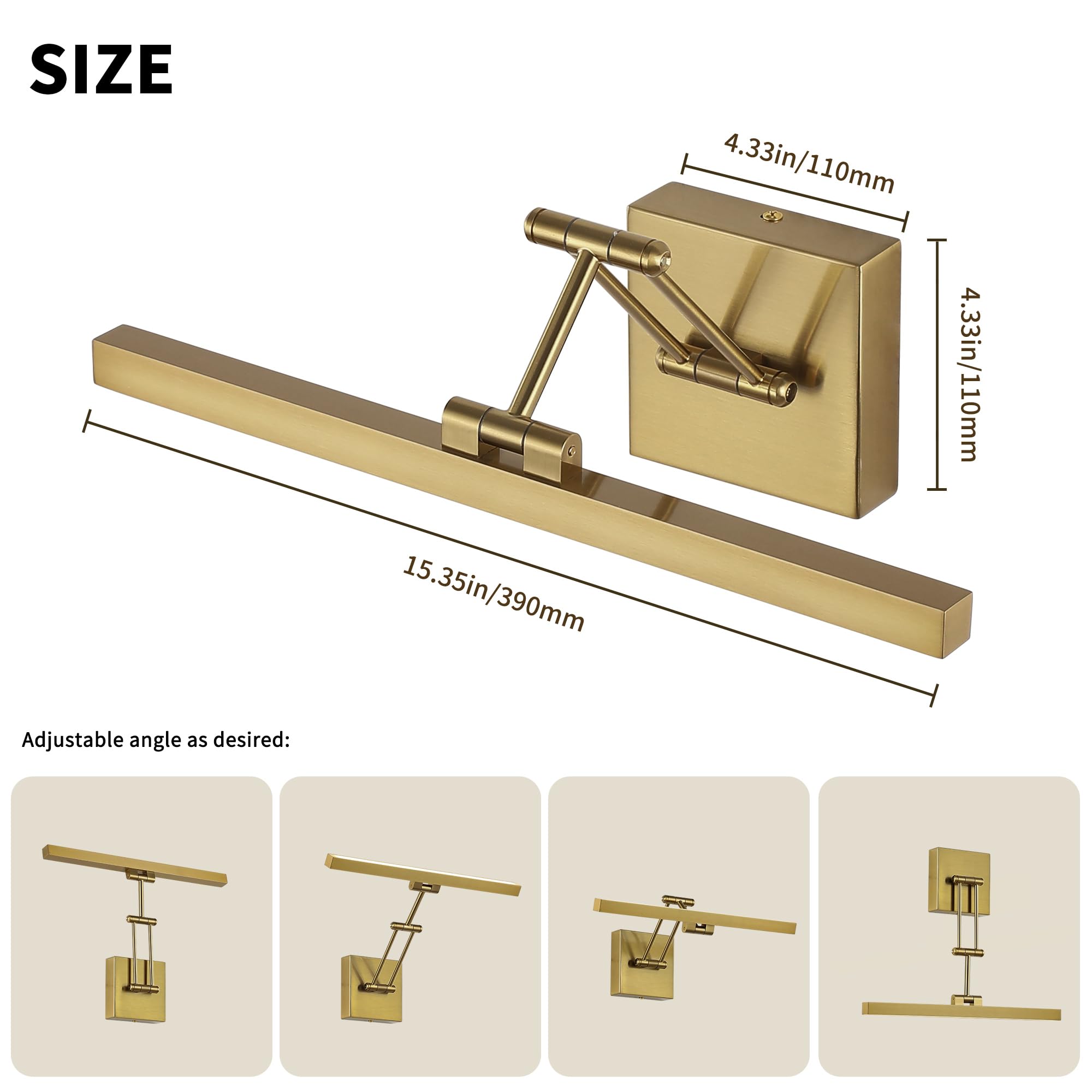 Pasoar 15.7 Dimmable LED Picture Light, Brass Wall Art Lamp with Adjustable Swing Arm, Warm White 3000K - Ideal for Paintings & Book Display