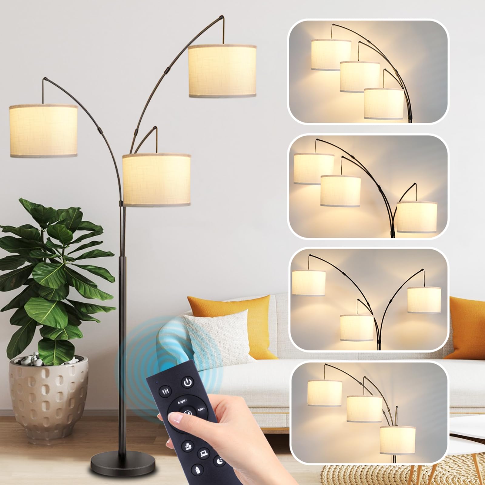 Arc Floor Lamp for Living Room with Remote Control, Dimmable Modern Mid Century 3 Lights Arched Tall Floor Lamp, Adjustable Stan