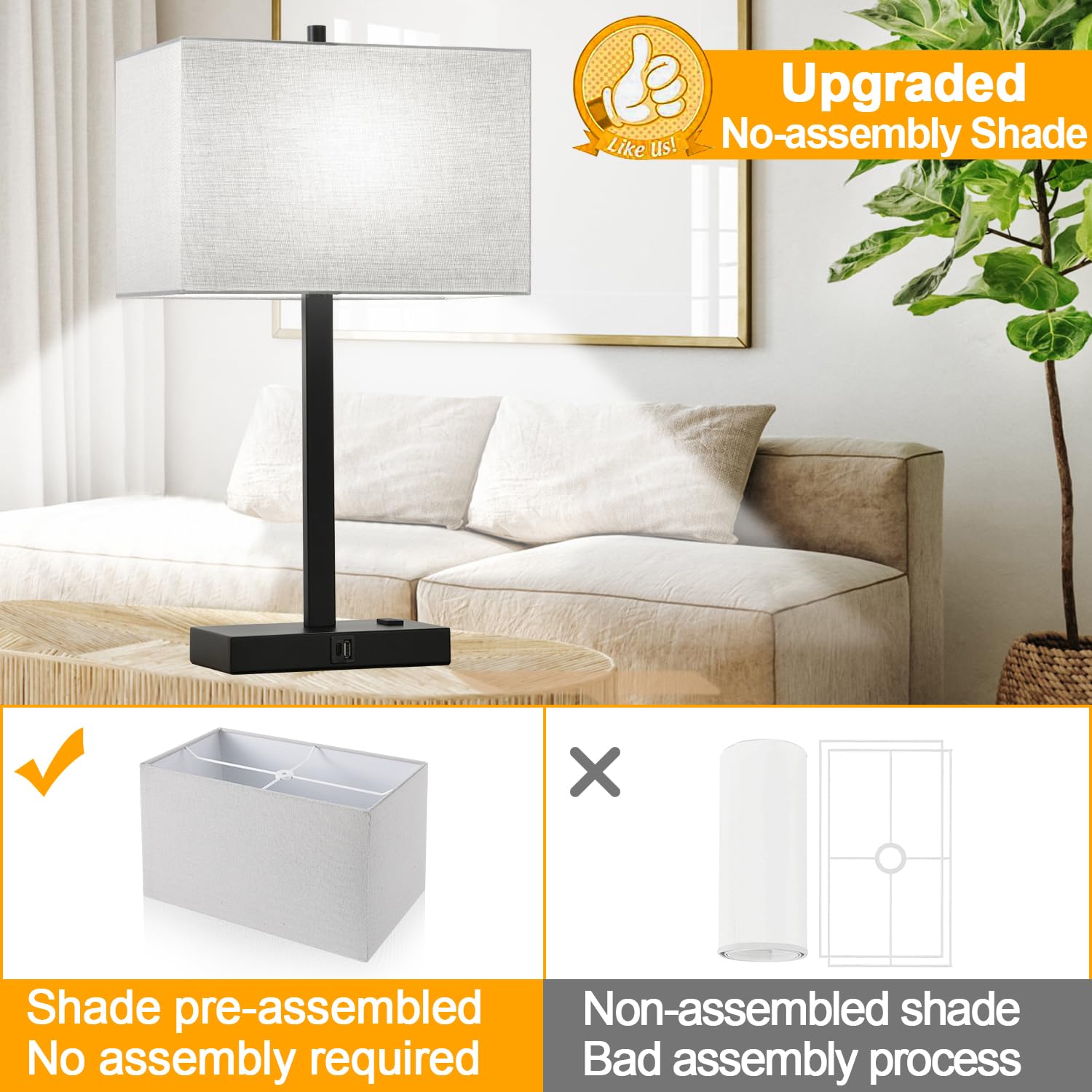 Lynnoland 21&quot; Touch Control Table Lamps, 3-Way Dimmable, Usb/Ac Outlets, Gray Shade,