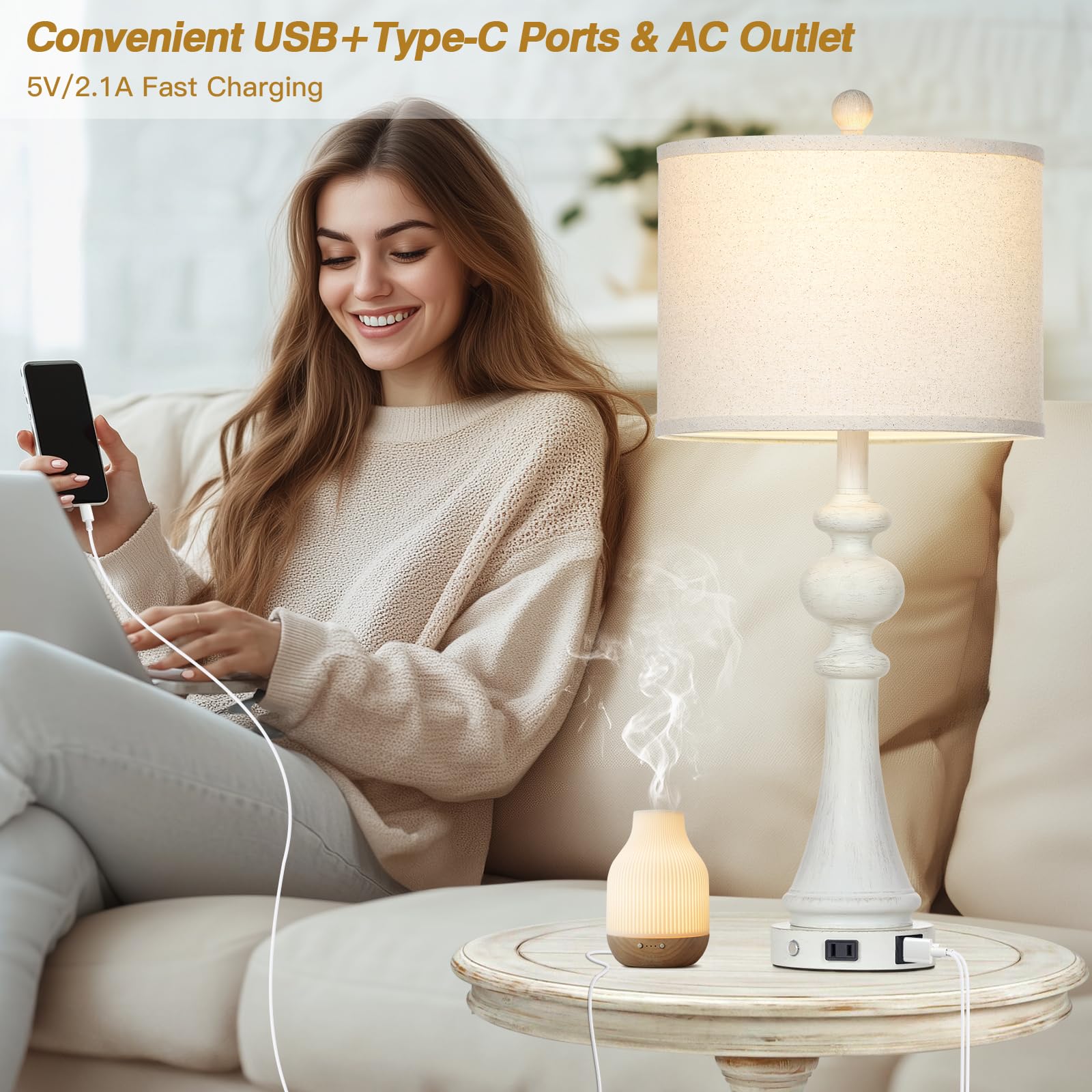 28'' Farmhouse Lamps Set Of 2, Vintage 3-Way Dimmable Touch Control Table Lamps With Usb A+C Fast Ports & Ac Outlets, Rustic Tra