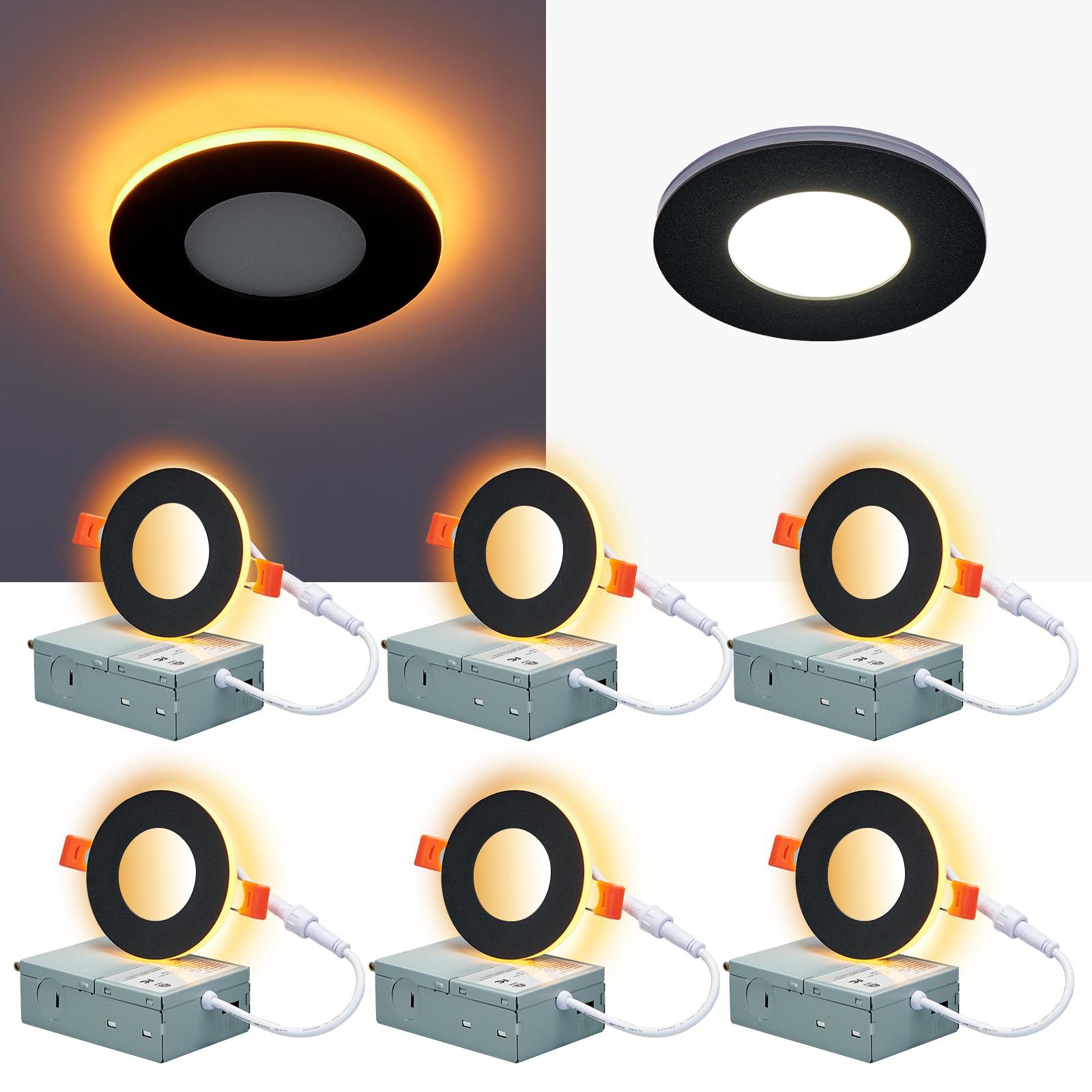 Cycevsun 8 Inch Led Black 12 Pack Recessed Lights With Night Light, Canless 8'' Wafer Downlight Ceiling Light Ultra Thin, Dimmab