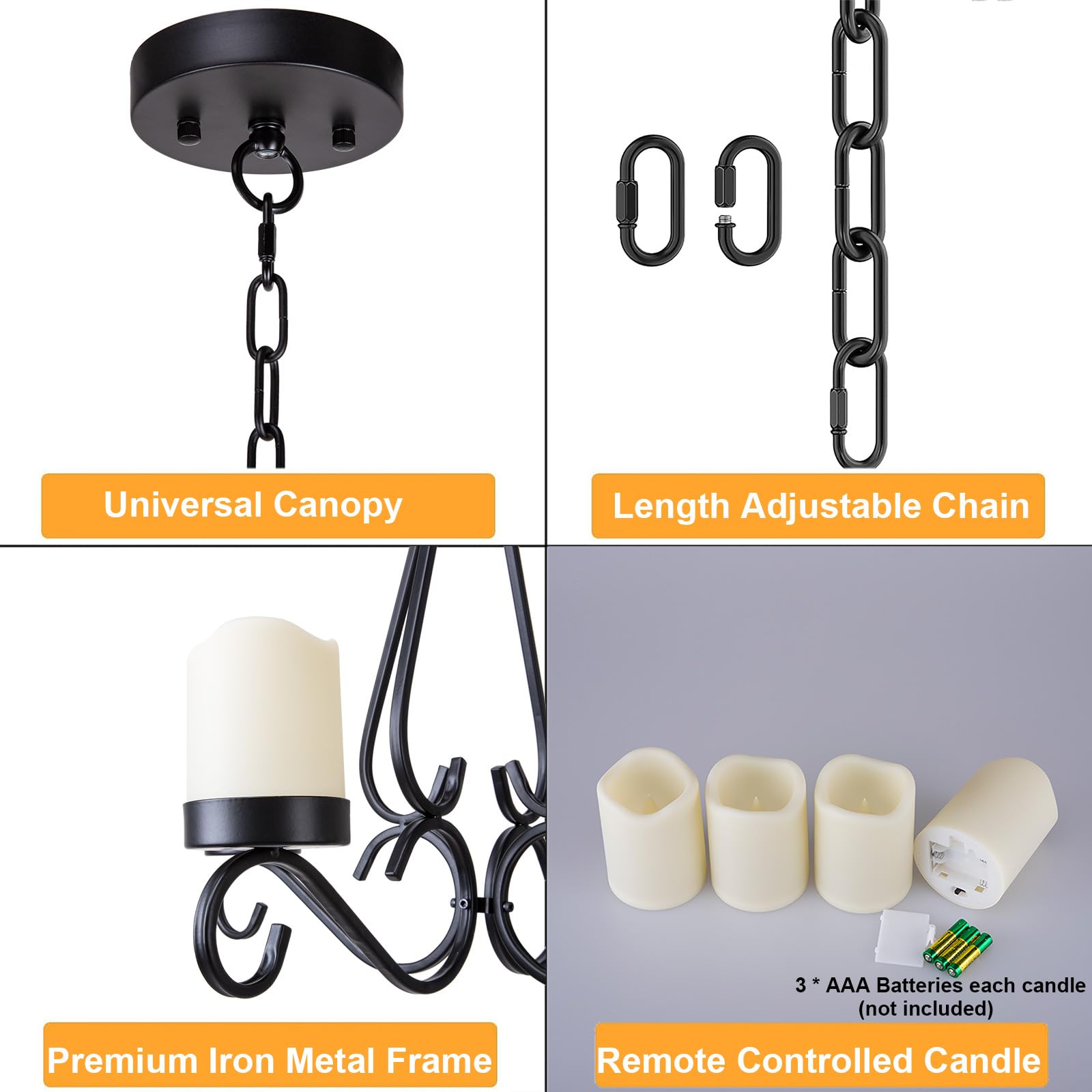 TWINKVILLA Battery Operated Chandelier - Black Metal Outdoor Pendant Light with 4 LED Candles, 15" x 14.5" x 17.6", Model KF68211