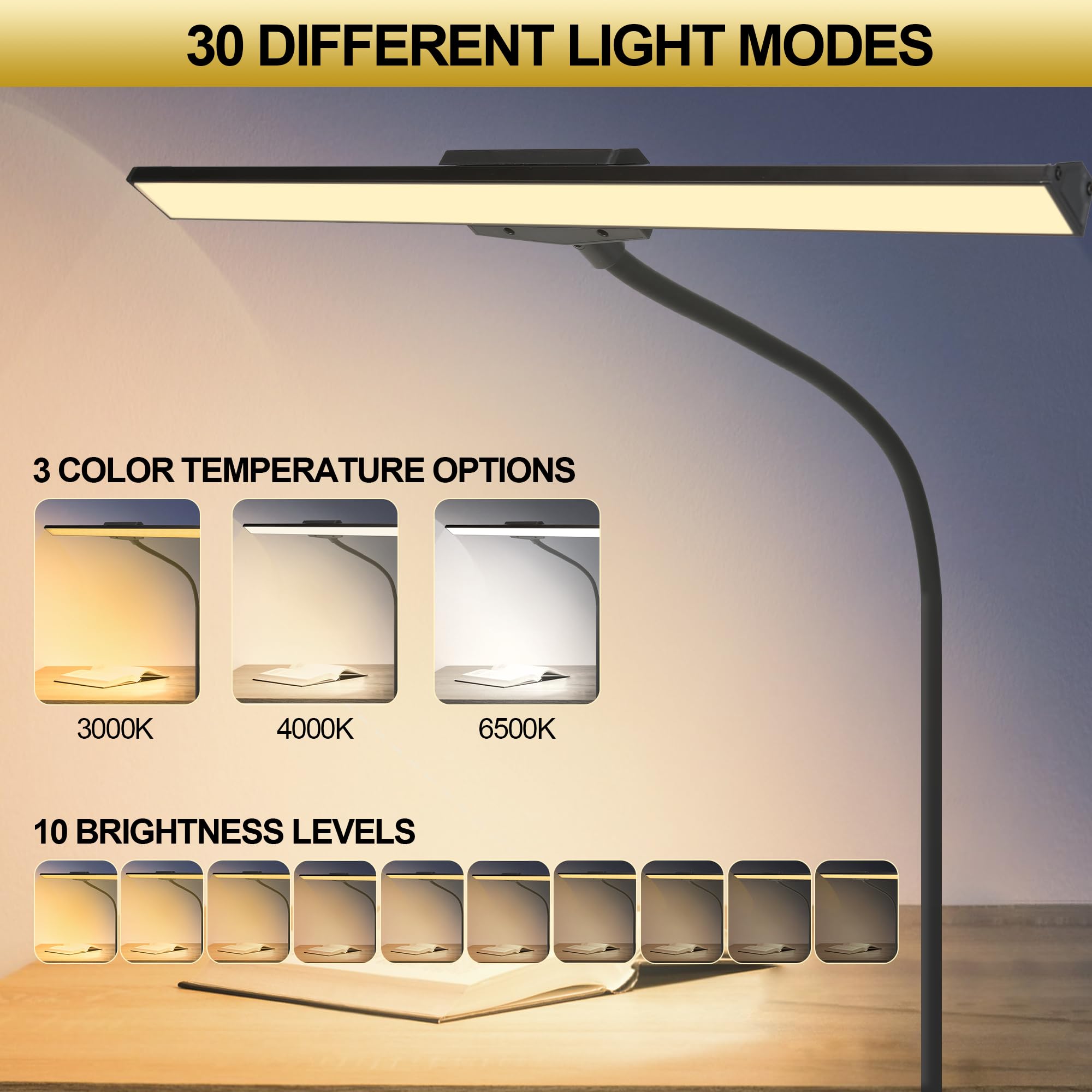 Litren Desk Lamps For Home Office Desk Light With Clamp Eye-Caring 3 Colors 10 Brightness Dimmable Swing Arm Clip On Office Desk