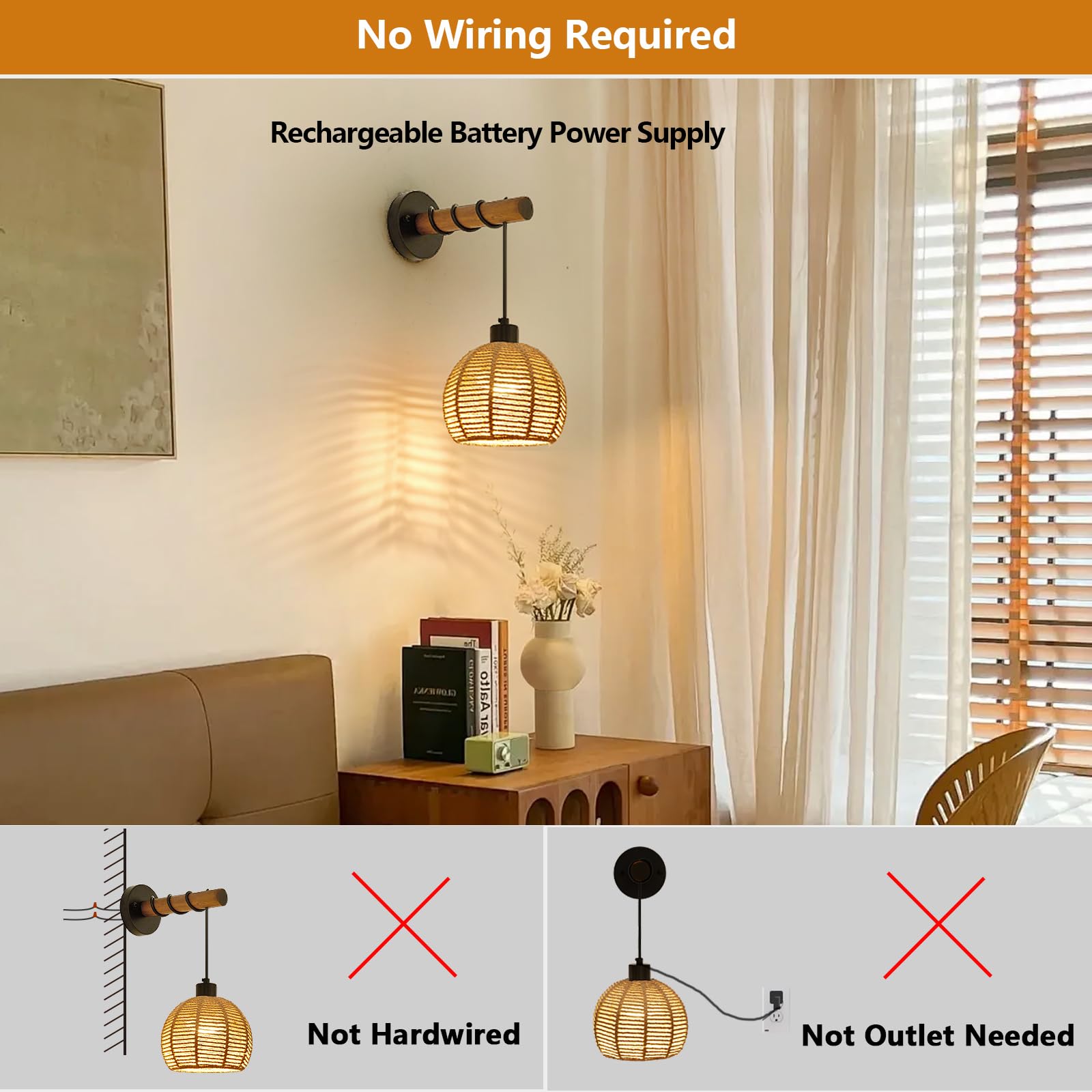 SGLfarmty Battery Operated Wall Sconces, Set of 2, Dimmable Hemp Rope & Wooden Arm, Remote Control, Rechargeable, Farmhouse Style