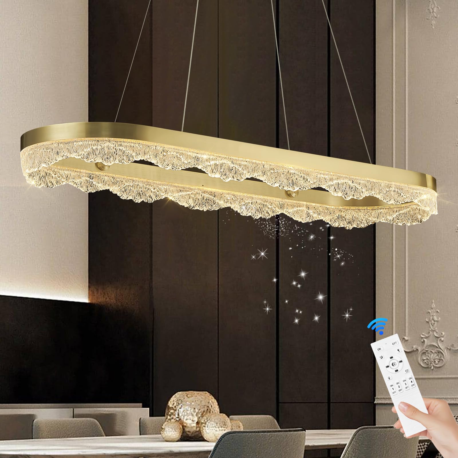 Sparklelf Modern Gold Chandelier L39.4? Luxury Rectangular Led Chandelier For Dining Room Luxury Dimmable Flush Mount Pendant Li
