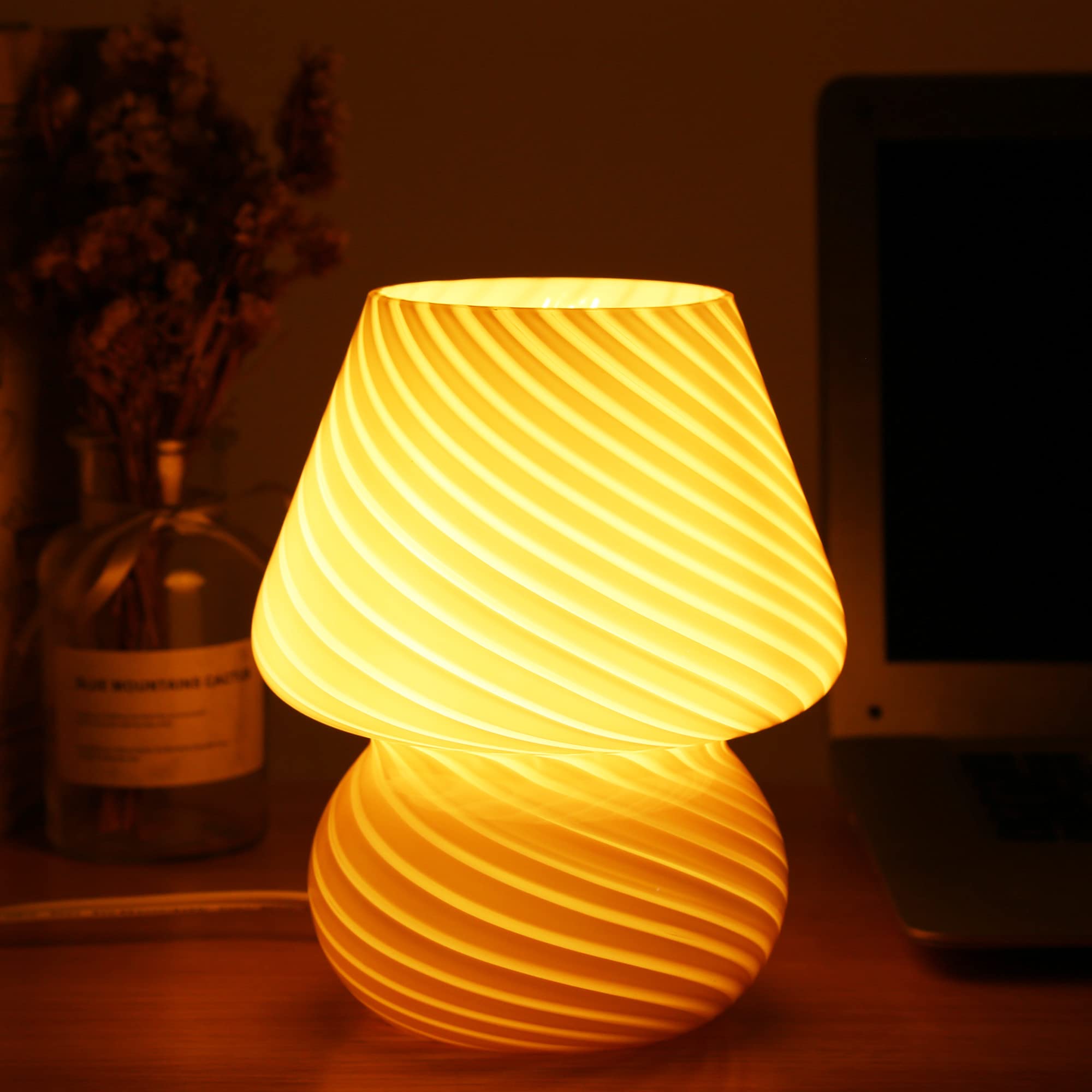 BSOD Glass Mushroom Lamp, Stripe Pink, Cute Small Size, Model Bsod-SW-Lamps007, Vintage Style Nightstand Light for Home Decor
