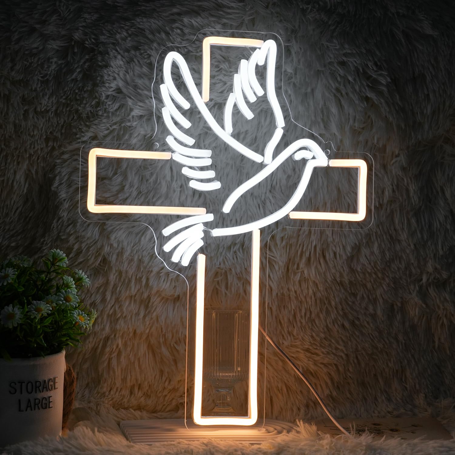 GNVETZLL Cross Neon Sign Dimmable LED Light for Wall Decor, White Dove of Peace, USB Powered, Warm White, Wedding, Party Decor