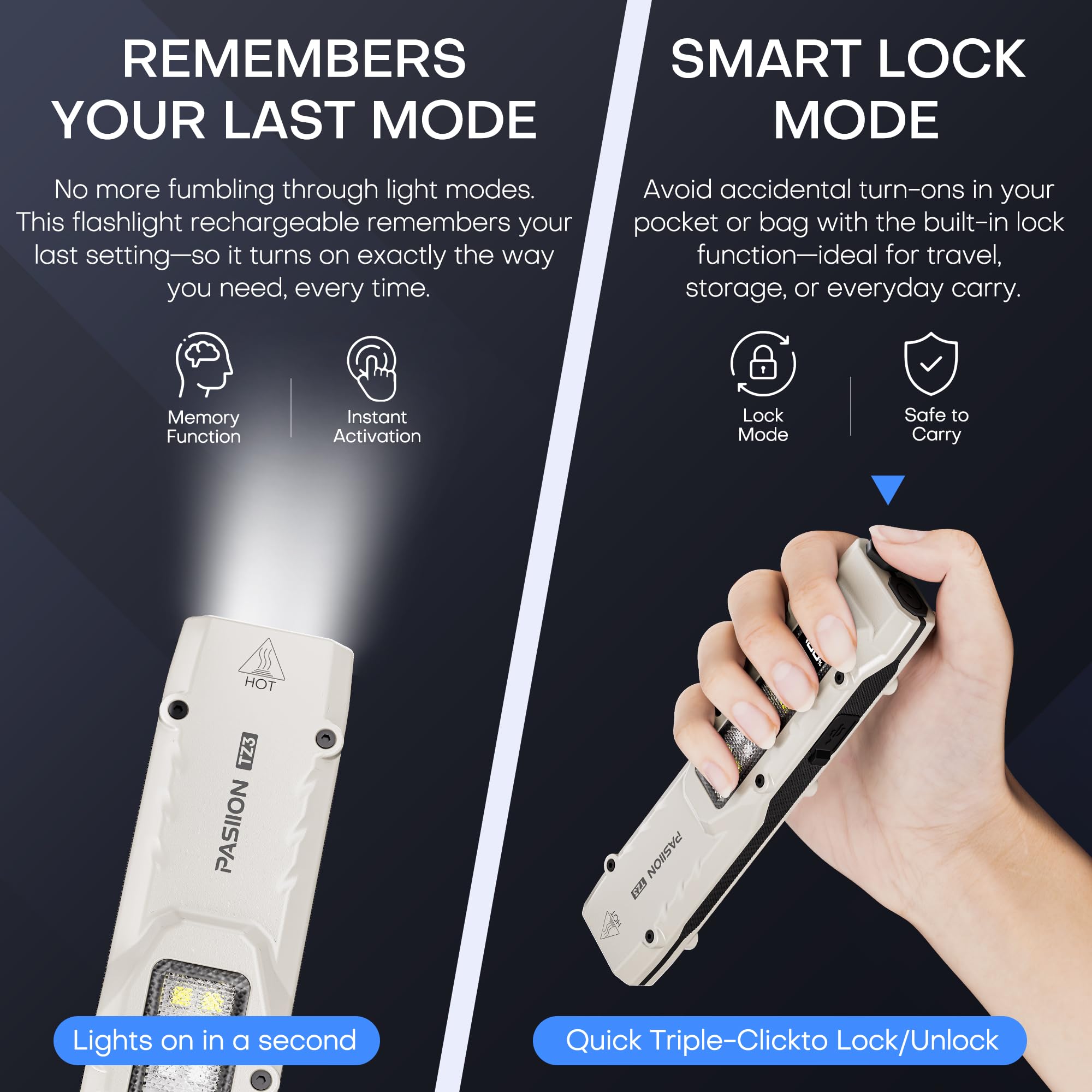 PASIION EDC Tactical Flashlight, Rechargeable Stainless Steel, 8 Modes, Cool White 6000K-7000K, Model FL05T-A-WH