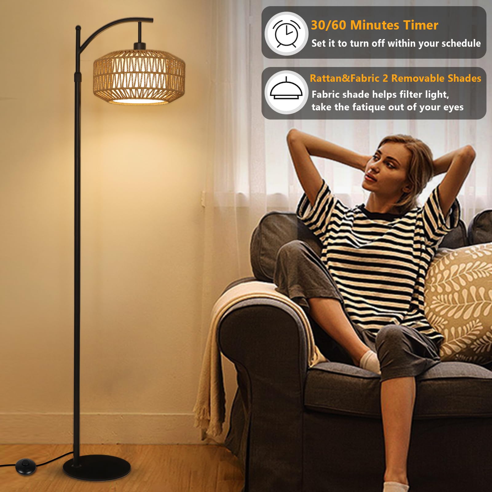 Lamsu Arc Floor Lamps For Living Room, Dimmable Rattan Floor Lamp With Remote & Led Bulb, Mid Century Modern Standing Lamp With Double Shades, Boho Farmhouse Tall Pole Lamps For Bedroom Office