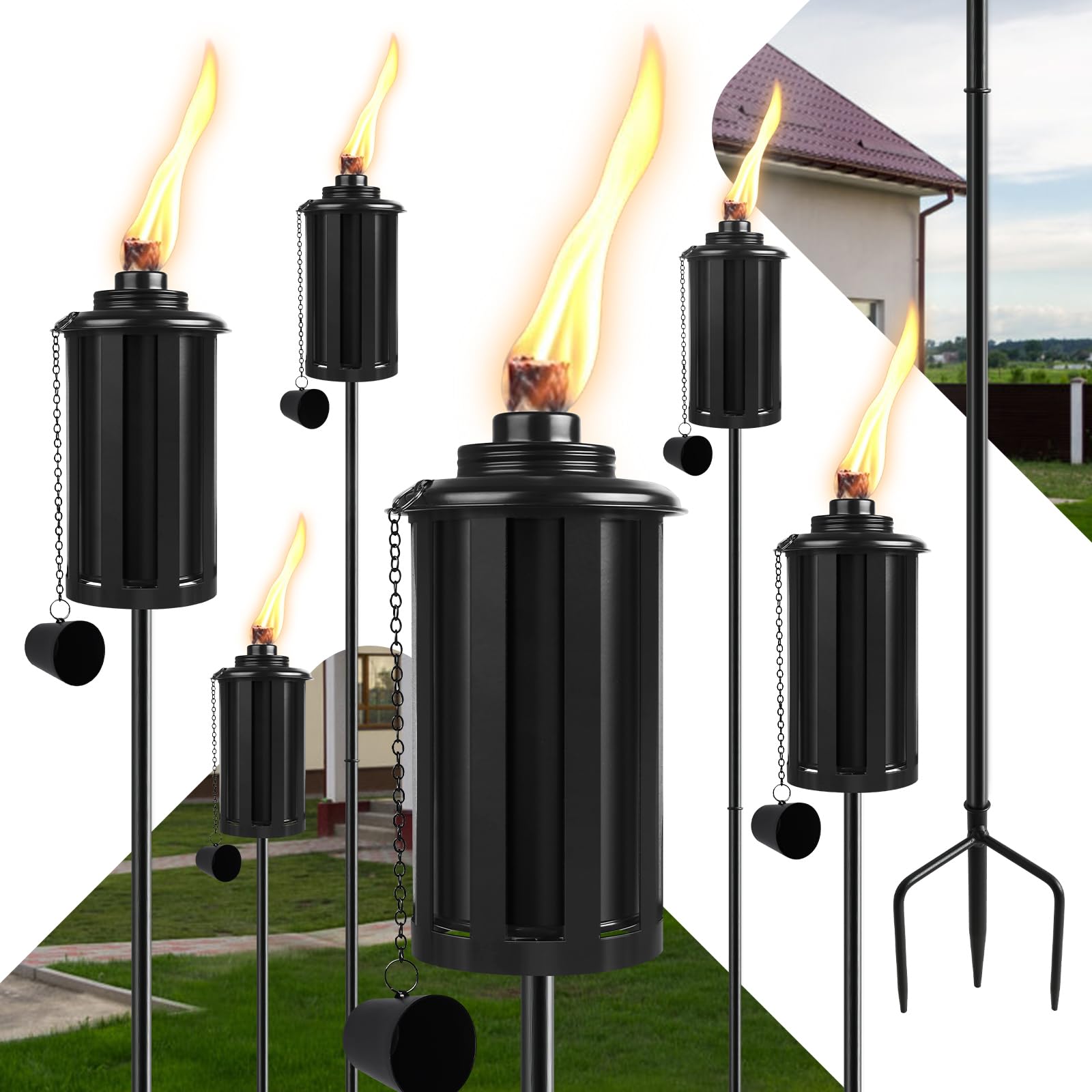 FALBAWR Citronella Torches Set of 6, 16 oz Garden Torches for Outside, 3-Prong Grounded Stake Outdoor Lanterns, 58 inch Outdoor 