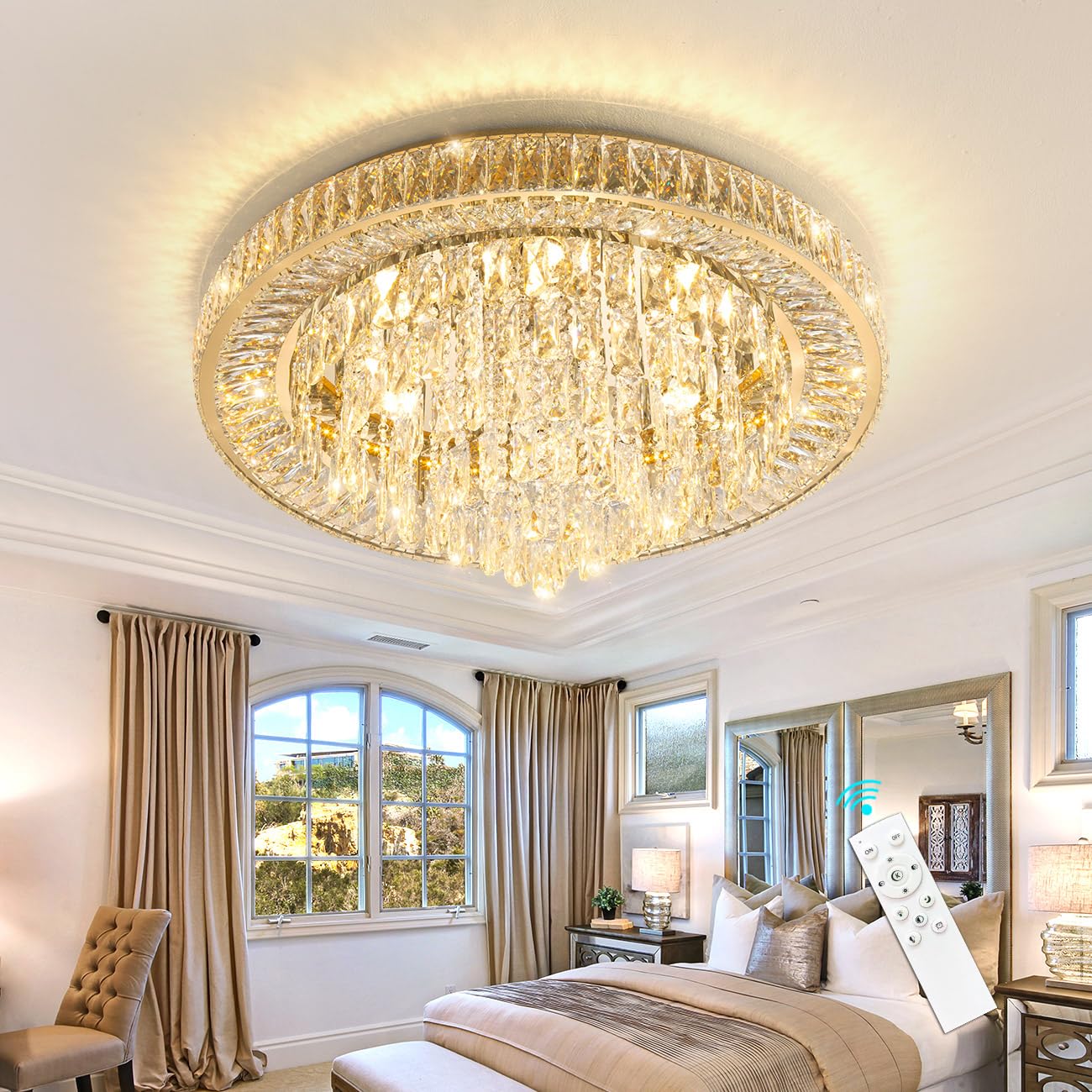 dolria Modern Crystal Chandelier LED Dimmable Pendant Light Fixture 31.5'' Gold Flush Mount for Living Room, Dining Room, Bedrooms, Foyer