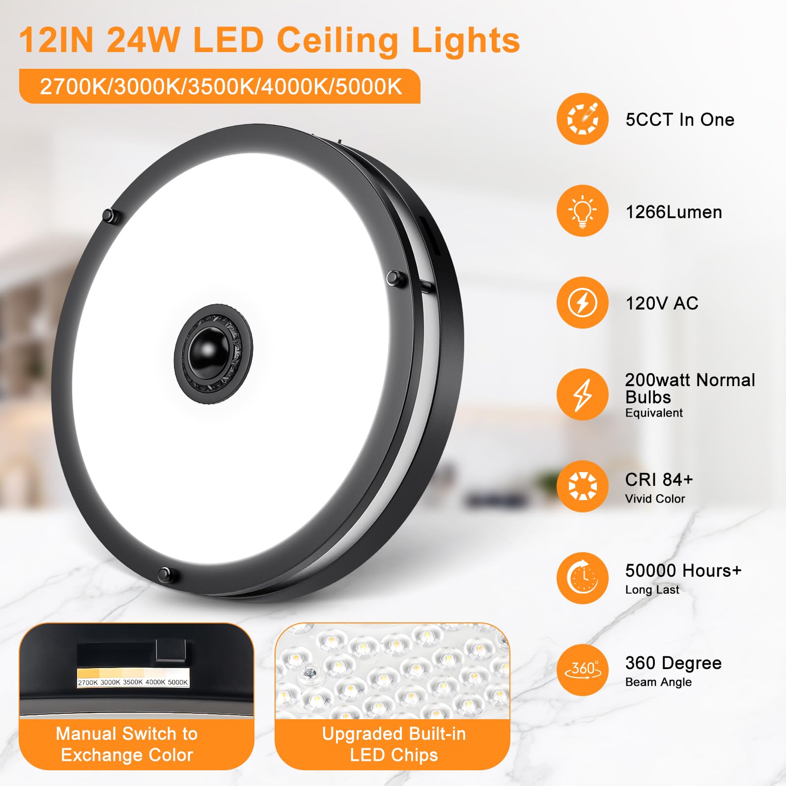 2 Pack 24W Led Motion Sensor Outdoor Ceiling Light, 12In 2700K/3000K/3500K/4000K/5000K Adjustable Ceiling Lights, Dusk To Dawn F