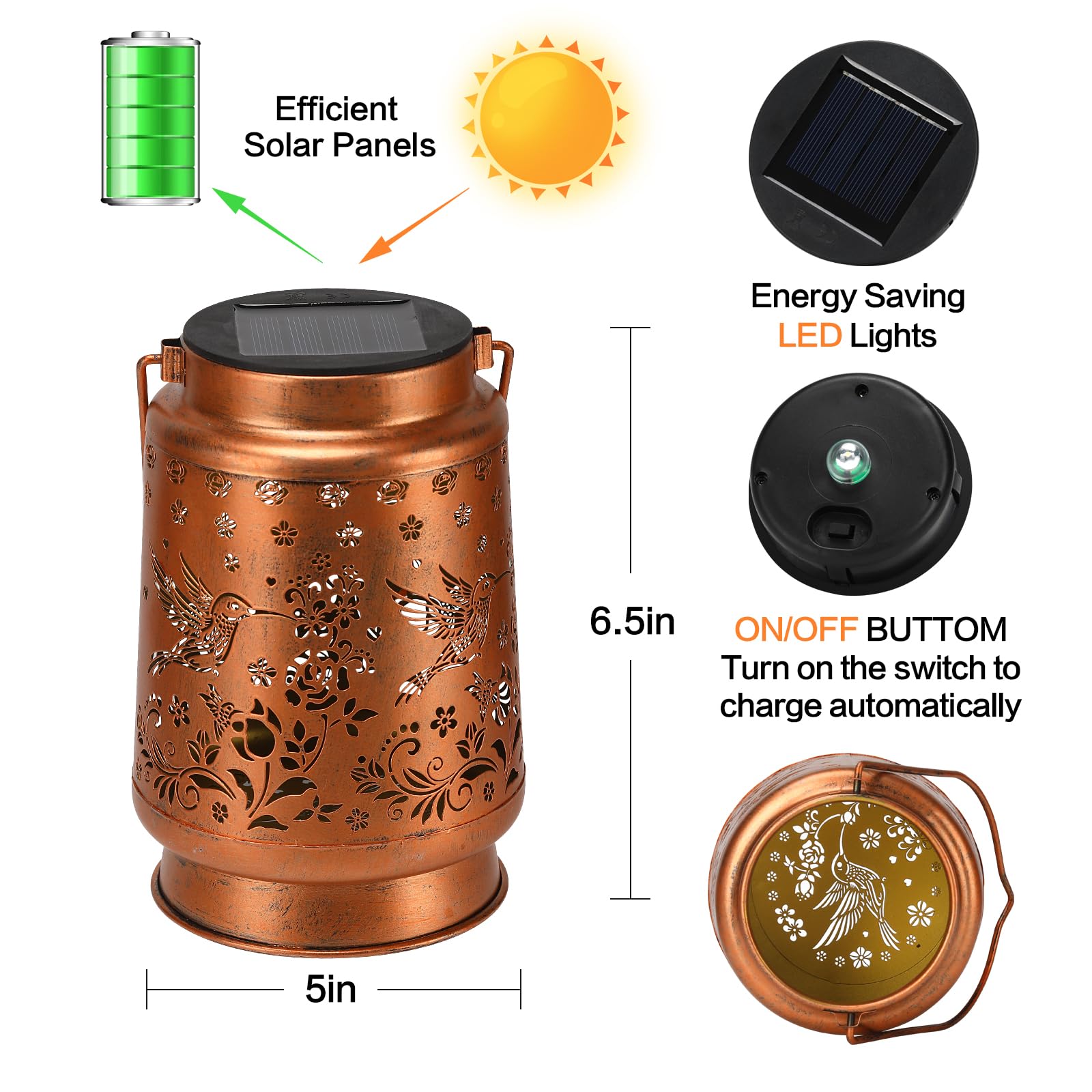 Kaakuuki Hummingbird Solar Lantern - Metal LED Garden Decor, Waterproof, Bronze Color, Model DL-01