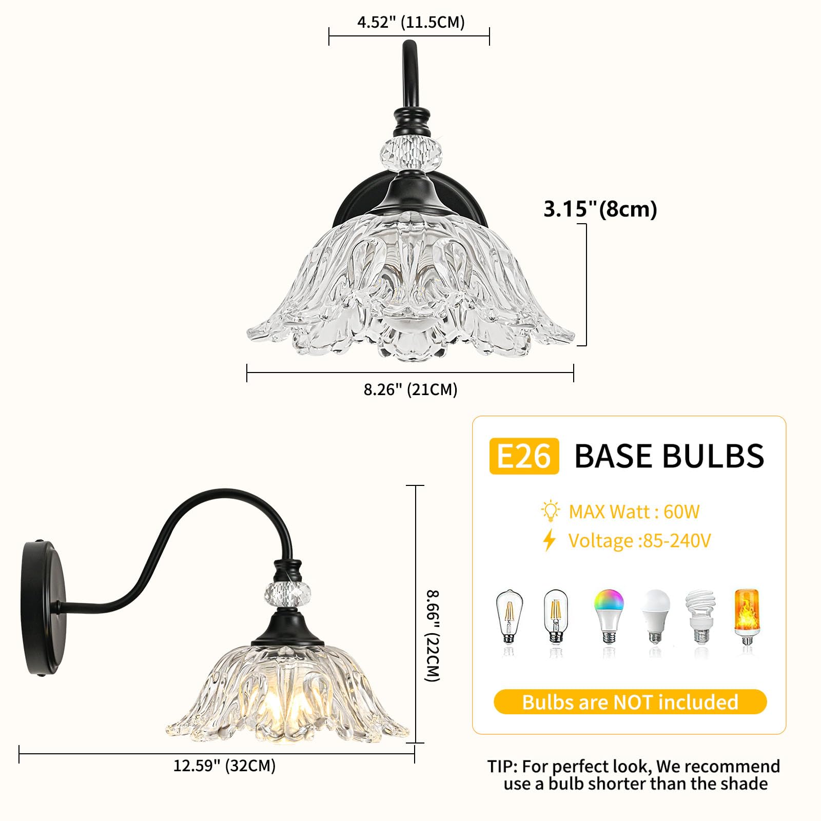 Sunkryster 1 Piece Black Wall Sconce With Floral Clear Glass Shade  Black Farmhouse Wall Mount Lighting For Bathroom Vintage Bathroom Vanity Light Fixture