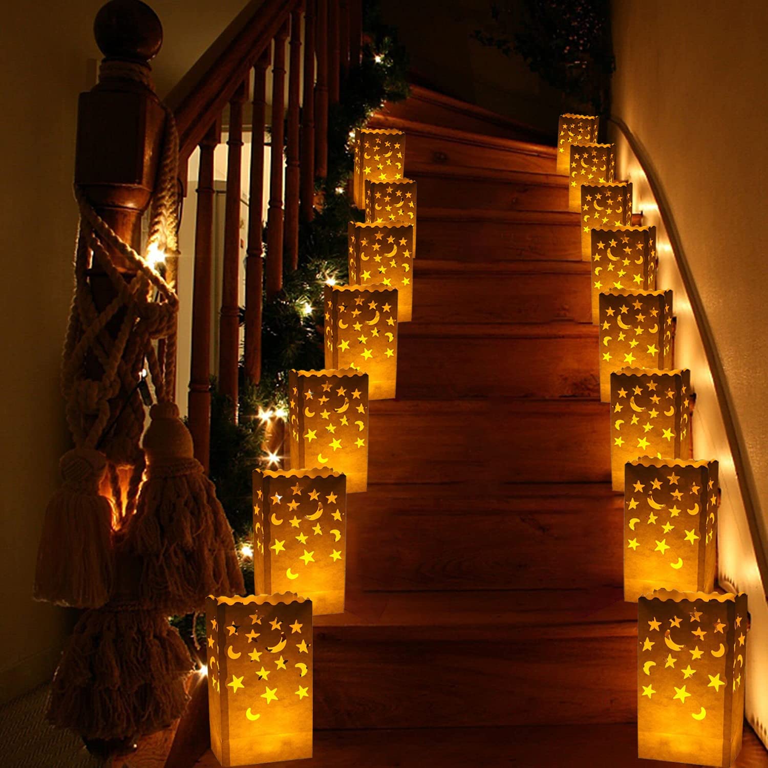 Stmarry 50 Pcs White Luminary Candle Bags Special Lantern Luminary Bag With Stars Moon Durable And Reusable Fire-Retardant Mater