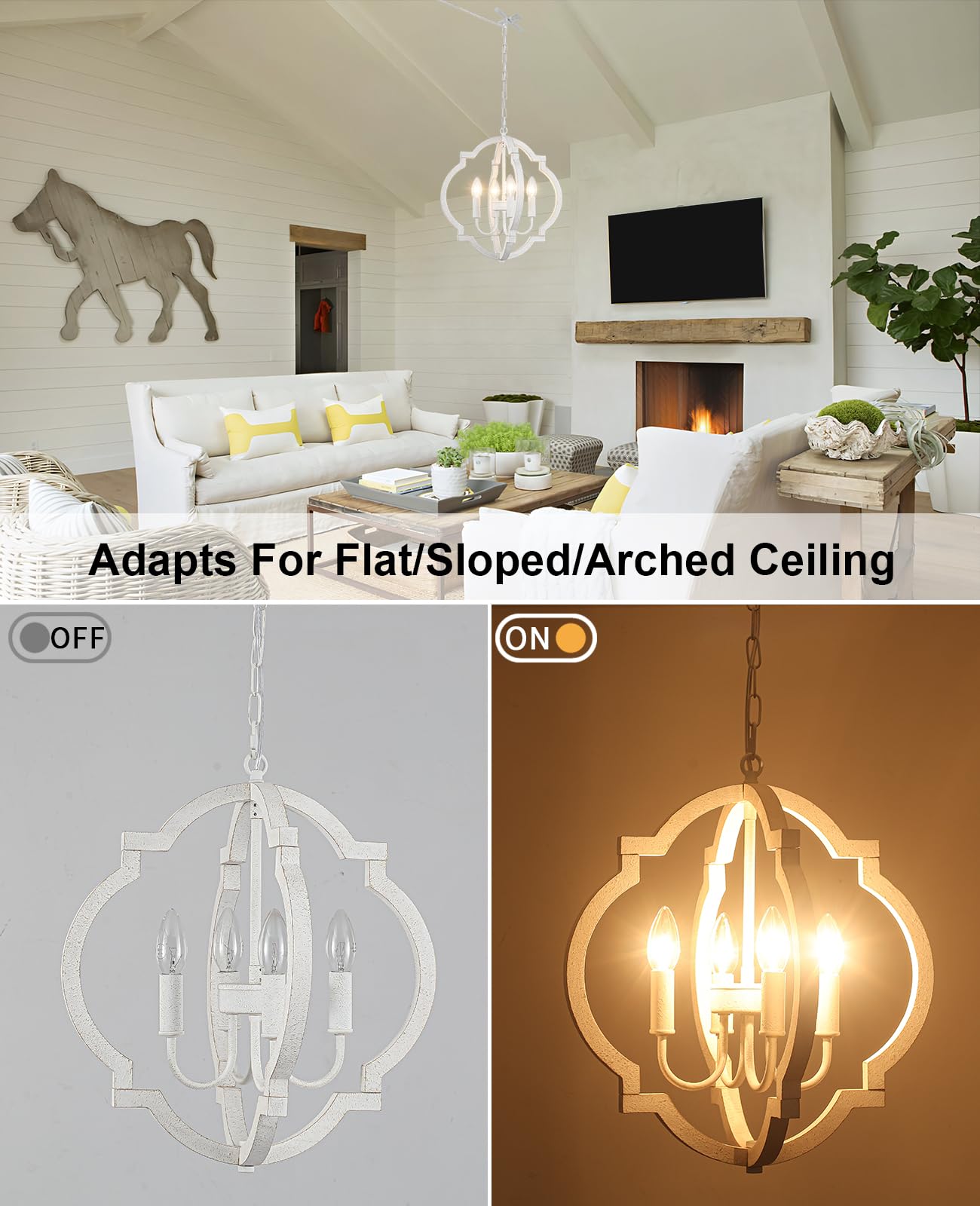 LASENCHOO 4-Light Plug-in Farmhouse Chandelier, Wood Rustic Pendant Lighting, White, Model Y5020S-4-D for Dining Room or Outdoor Use