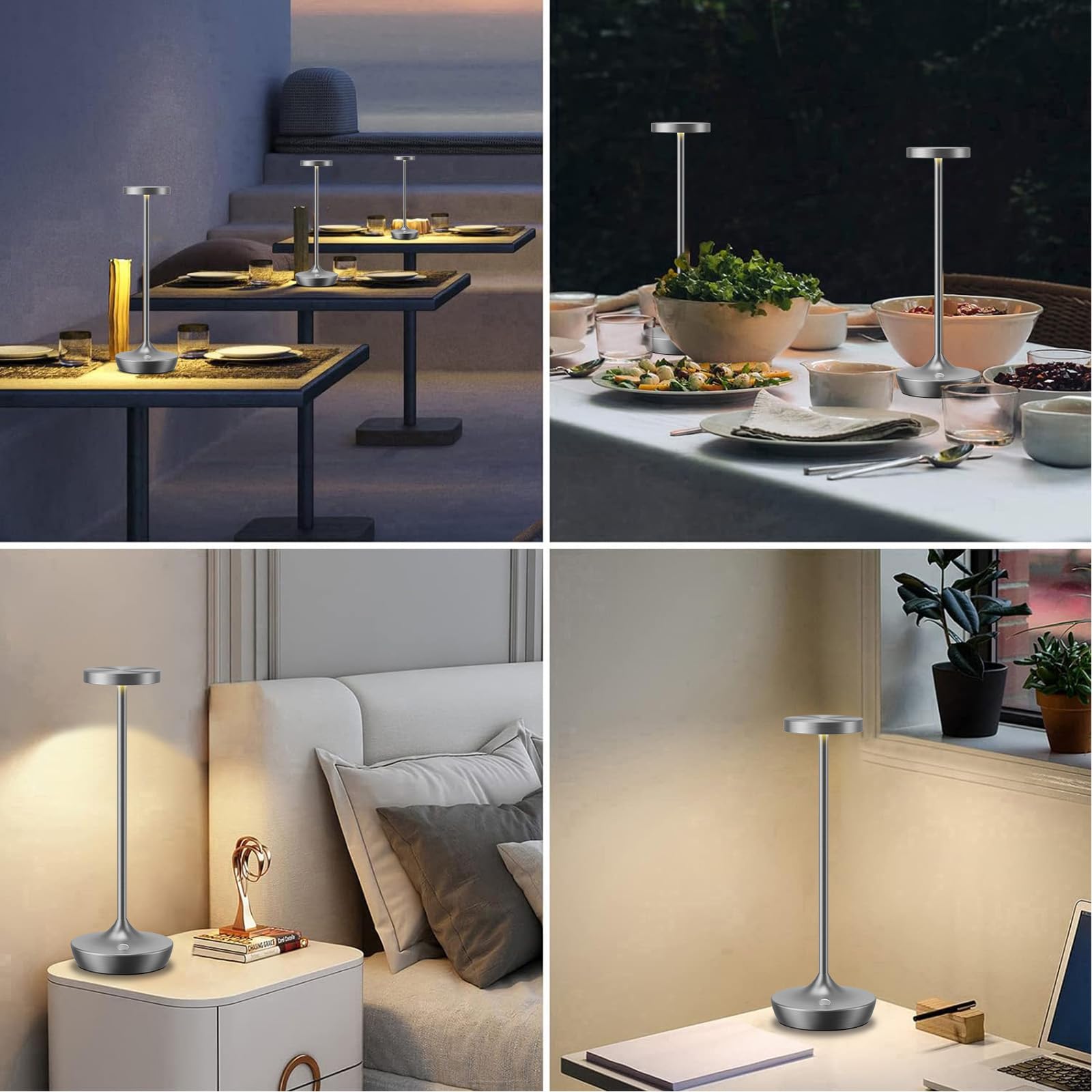 Tpczqj LED Cordless Table Lamp - Rechargeable, Waterproof, Touch Control, 3 Color Dimming, Gray, Portable for Outdoor/Indoor Use