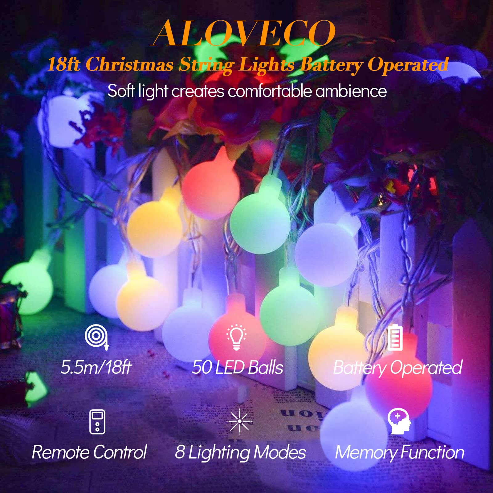 ALOVECO 18ft Battery Operated String Lights, 50 LED Waterproof Twinkle Lights, Remote Control, Multicolor for Indoor/Outdoor Use