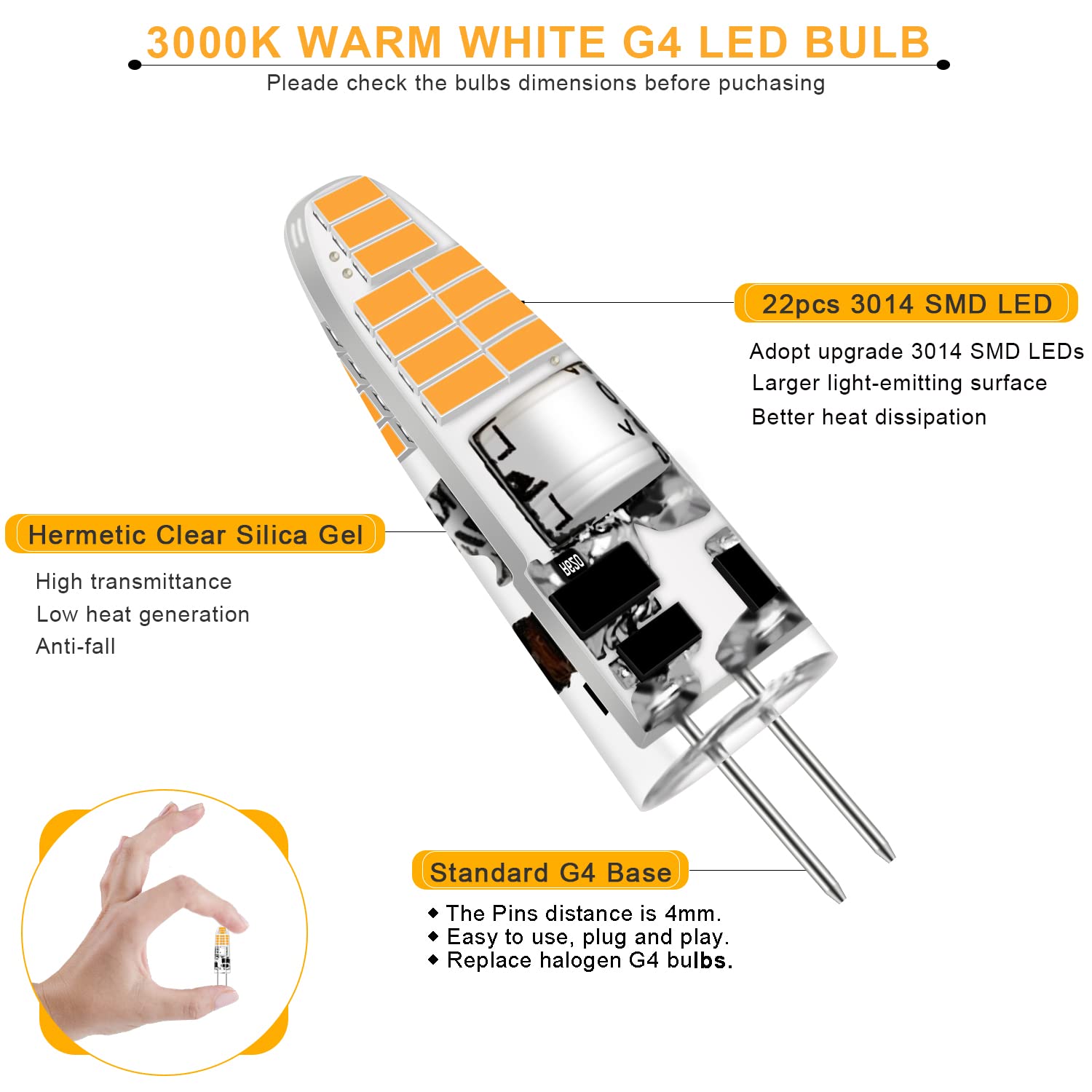 Agotd G4 Led Bulb  2W 12V G4 Bi Pin Bulb  G4 Equivalent 20W Bulb Replacement  Warm White 3000K No-Flicker  Chandelier Lighting/Landscape Lighting/Microwave Lighting(6 Pack)