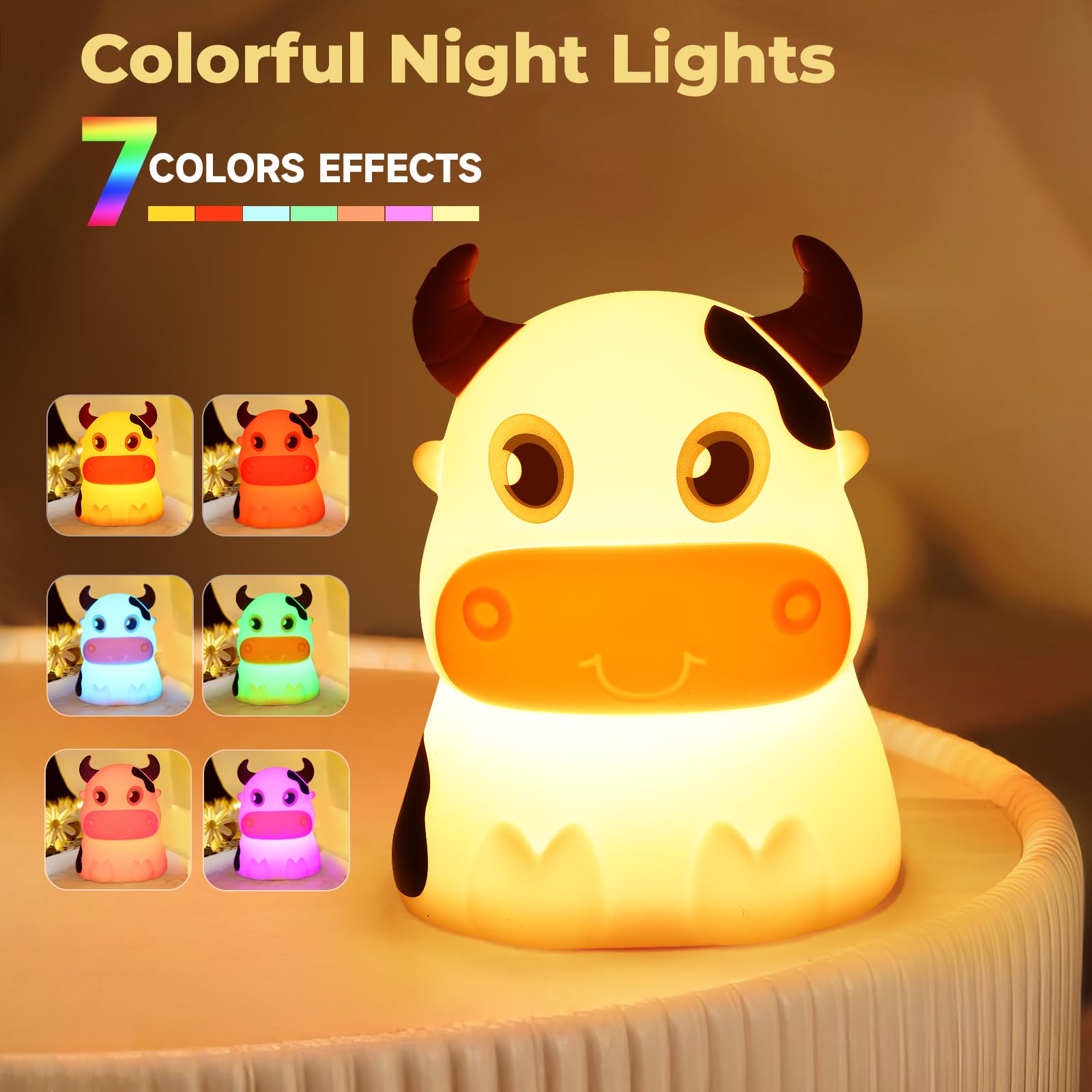 AVEKI Night Light for Kids, Portable Silicone Lamp, Color Changing, Cows-USB, Rechargeable, Cute Cow Design