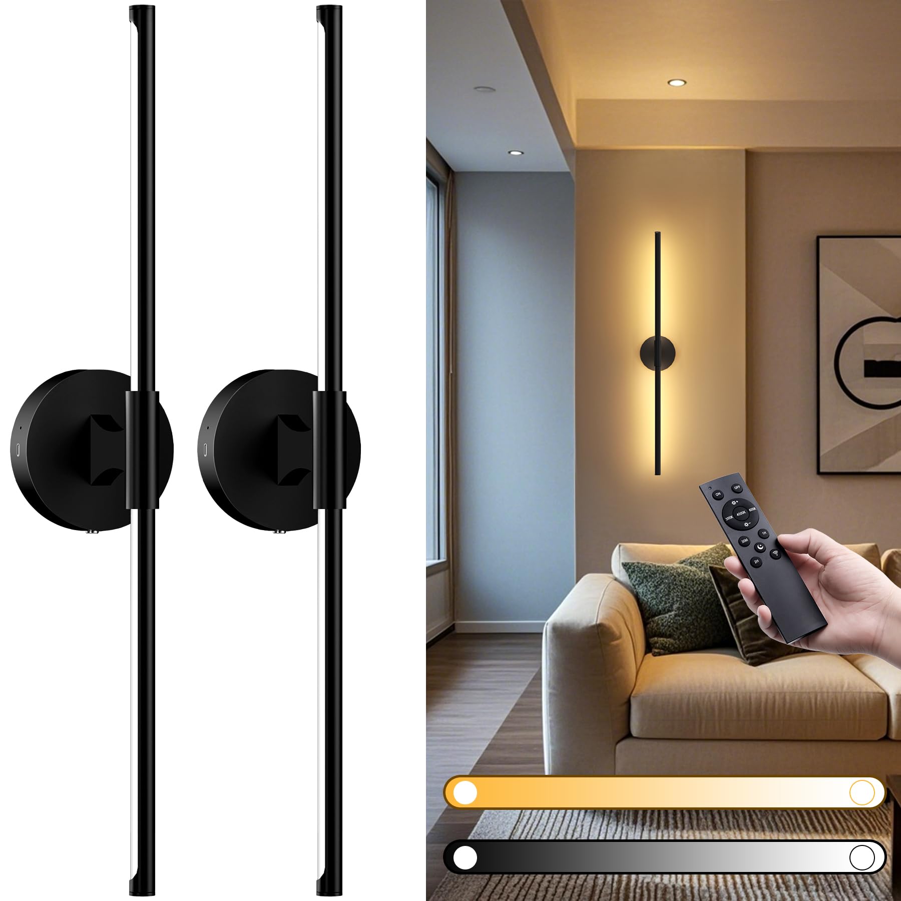 Topported Battery Operated Wall Sconces,31.5 Inch Dimmable Battery Wall Sconce With Remote Control,3 Color Temperatures,Recharge