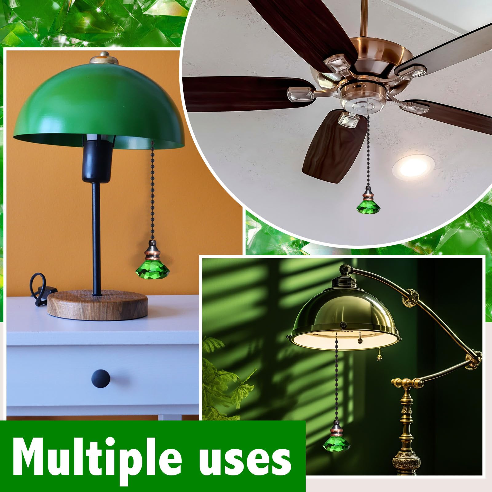 JOVITEC 2 Pieces Pull Chain Ceiling Fan Ornaments Light Crystal Pull Chain Extension Decorative, 1 Meter Long Each(Green Color)