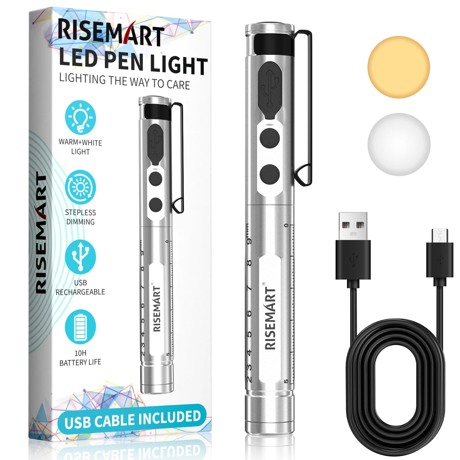 RISEMART Pen Light for Nurse, Rechargeable LED Medical PenLight, Warm/Cool White & Stepless Dimming, Portable Medical PenLight f