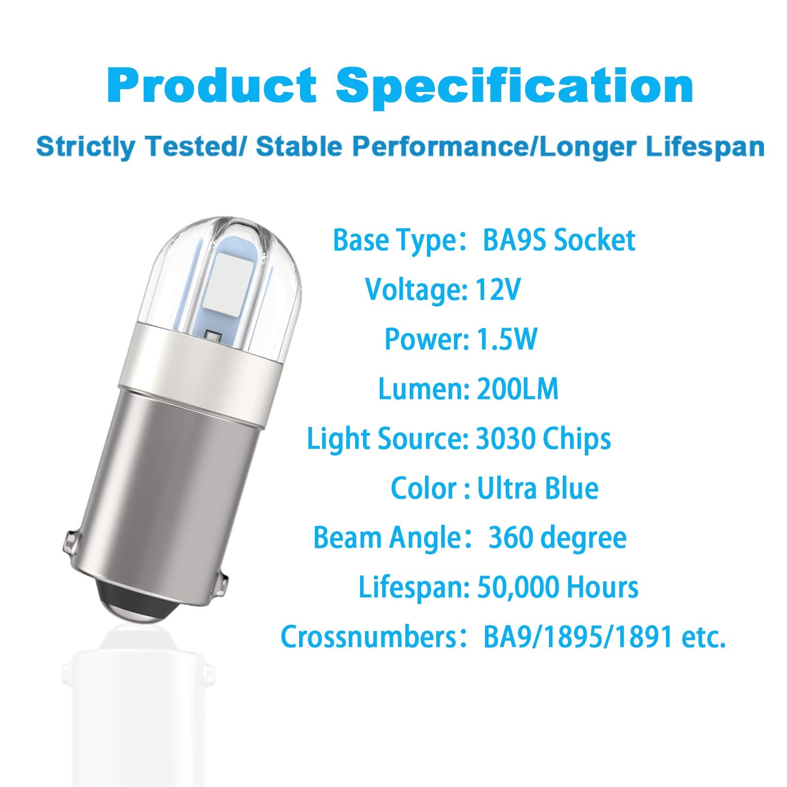 Serundo Auto BA9S LED Bulb, 2SMD 3030 Chips, Pack of 10, Blue, for Car Interior Dome Map License Plate Light