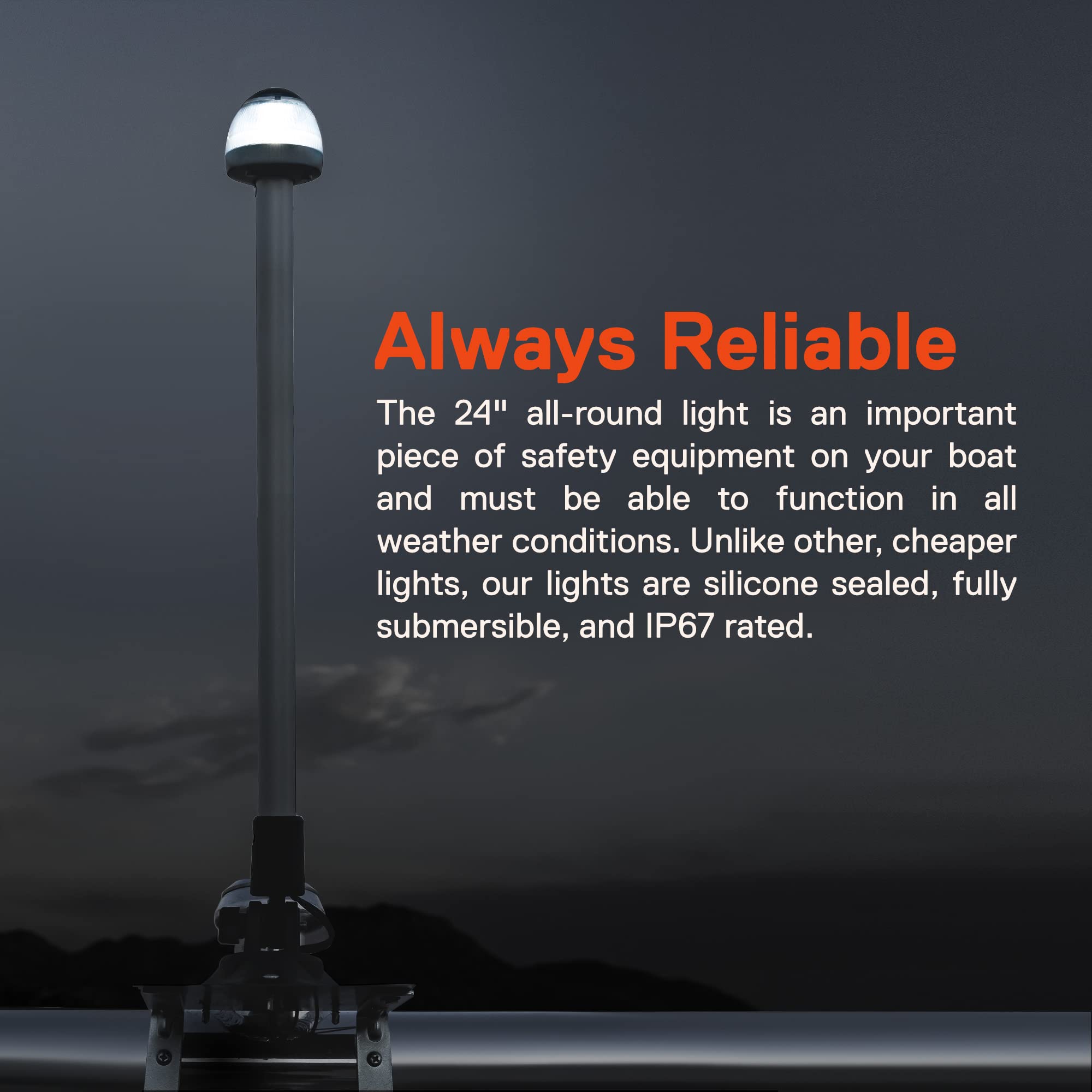 ONLINE LED STORE Marine Navigation Anchor Light - 24in Waterproof Chrome, 12-24V, Model SIL0013, 3NM Range for Boats