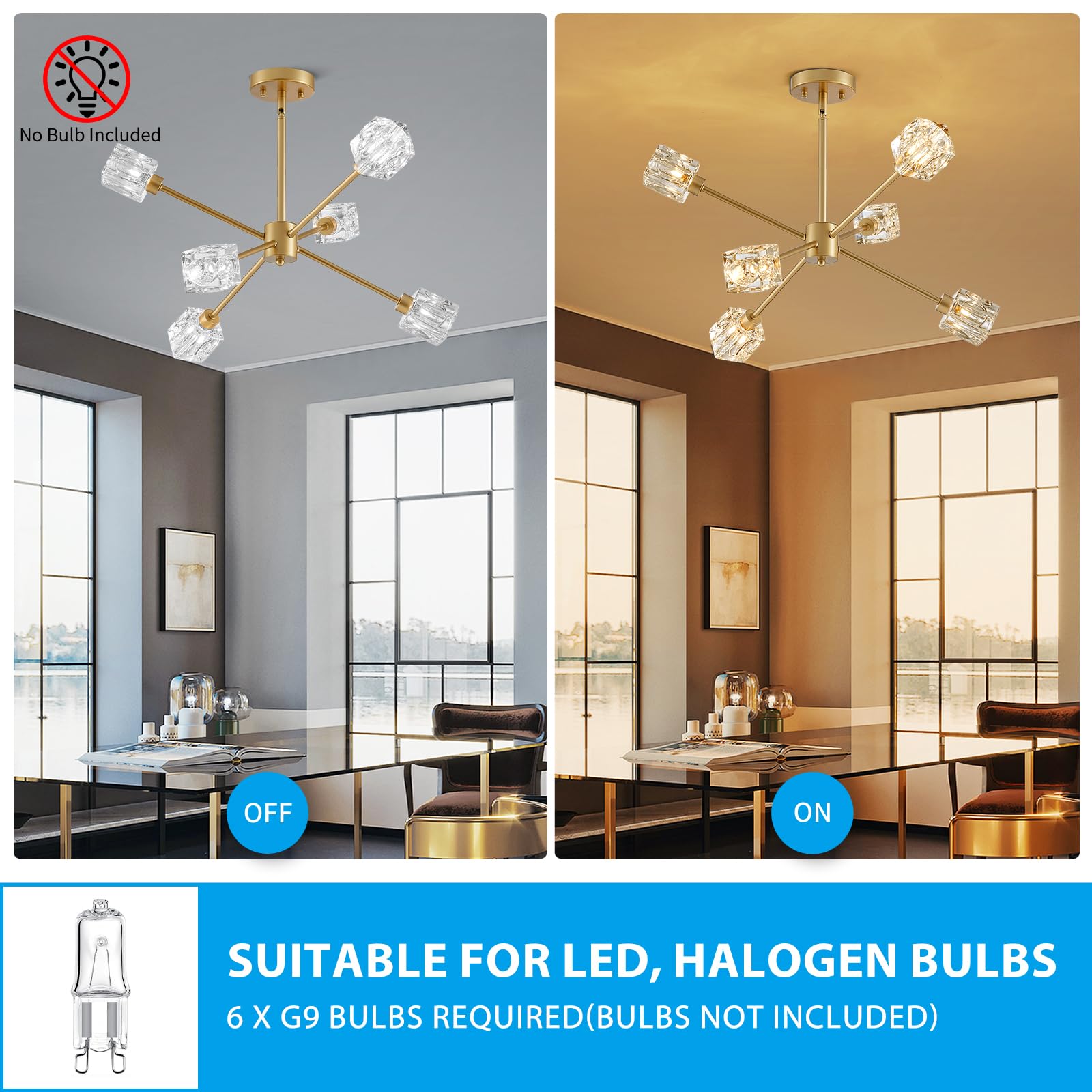 Xingqi Gold Ceiling Light 25.2'' Sputnik 6-Light Modern Glass Chandelier Unique Ceiling Lighting For Dining Room Bedroom Entrywa