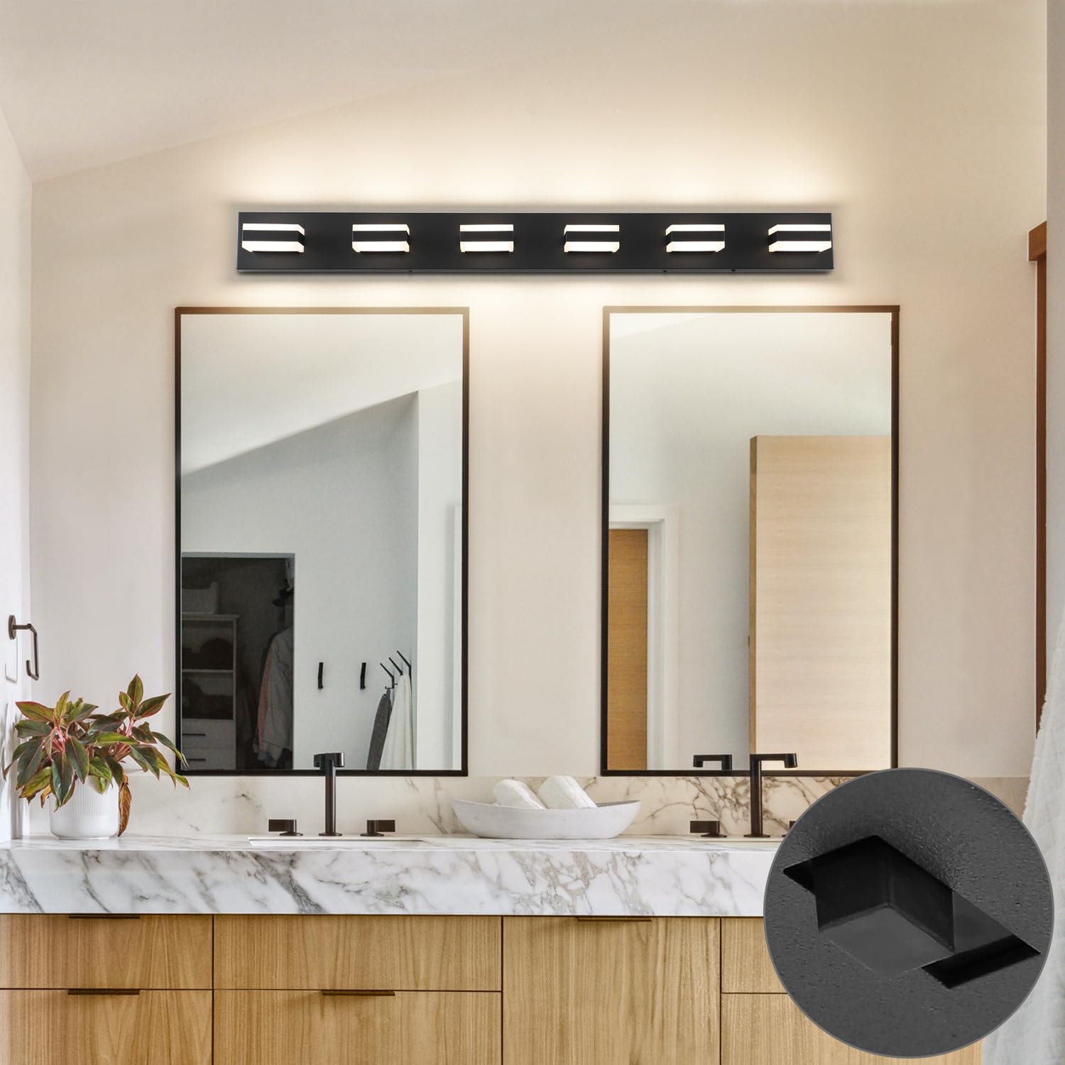 SOLFART 5-Light Adjustable Vanity Light, 45.3" Matt Black LED Bar, 5 Color Temperatures, Model S8568-6T-6000K-5CCT
