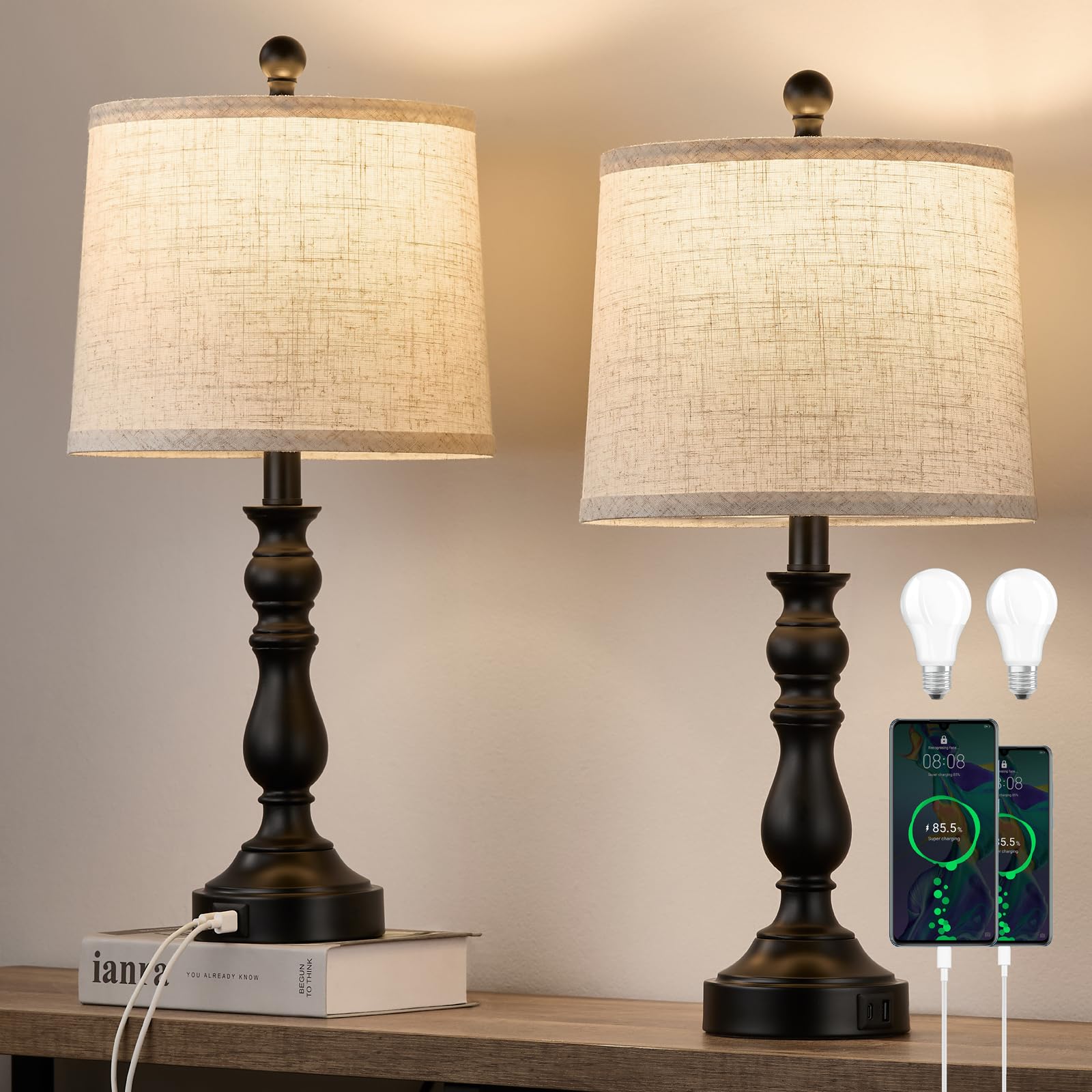 Leasgy 23 Farmhouse Table Lamps for Living Room Set of 2 with USB C+A Ports  Retro Bedside Lamp for Bedroom  Office  Dining Room  Knob Switch  3 Color Temperatures  Bulb Included  Black