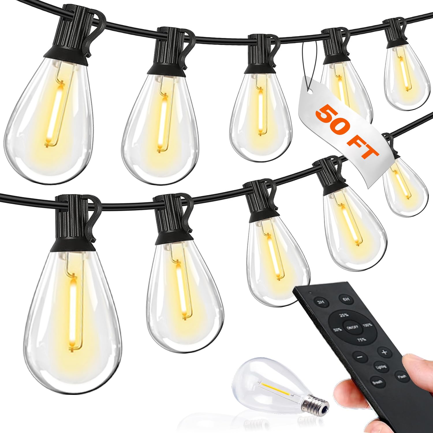Tenmiro 50FT LED Outdoor String Lights with Remote 16+ 1 Shatterproof Bulbs Waterproof and Dimmable Patio Lights for Porch  Garden  Backyard  Deck  Balcony  2700K  Hanging Lighting