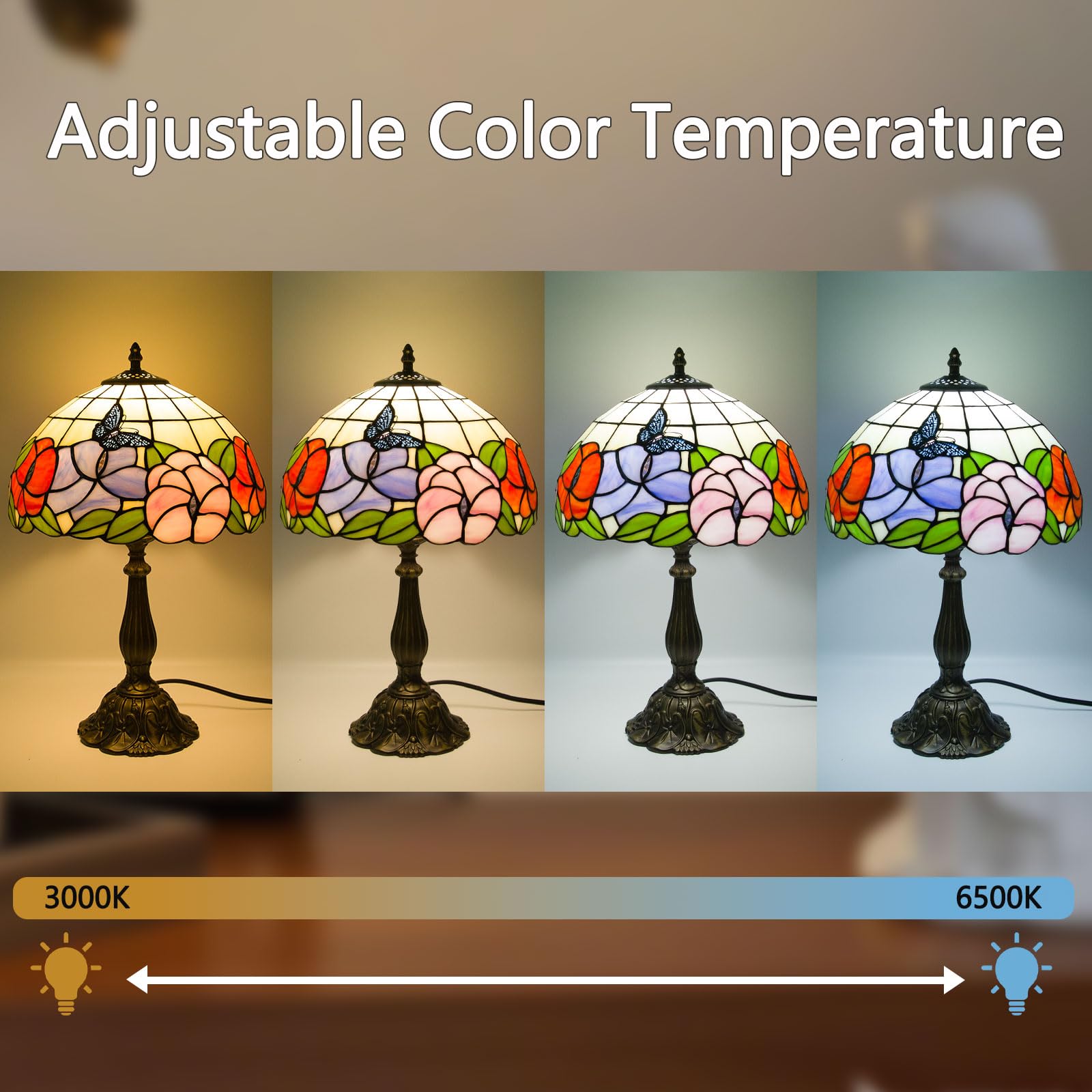 Crefotu 12 Inch Tiffany Table Lamp with Remote Control, Stepless Dimmable, Glass, Butterfly Flower, Model CFLP-0003