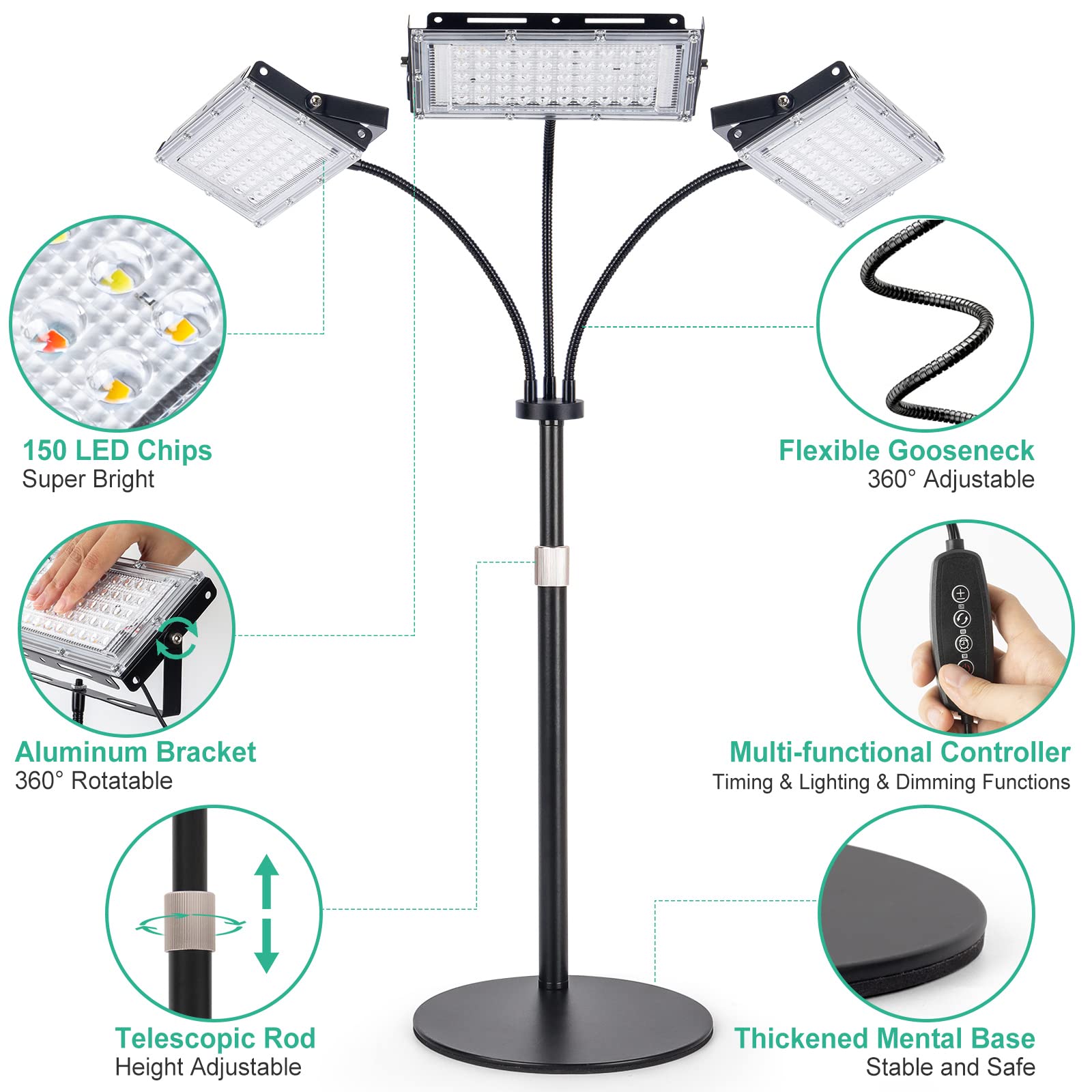Lbw Plant Grow Light, Full Spectrum Tri-Head Desk Plant Light For Indoor Plants, Growing Lamp With 3H/6H/12H Timer, 6-Level Brightness, 3 Lighting Modes, Height Adjustable, Ideal For Indoor Growth