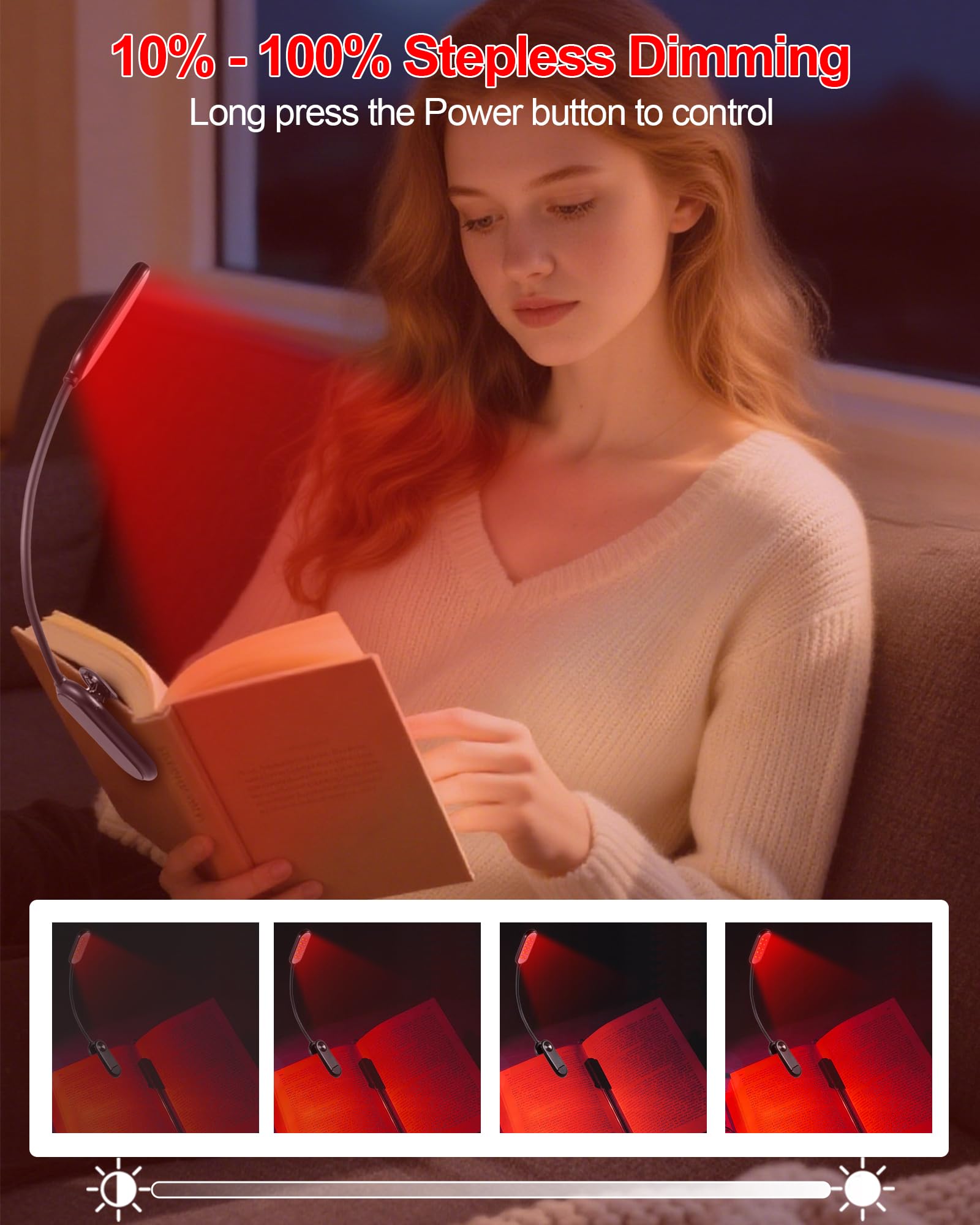 Finezeal Rechargeable Red Book Light - Portable LED Therapy Lamp, 3 Modes, Clip-On, Black-1 Pack
