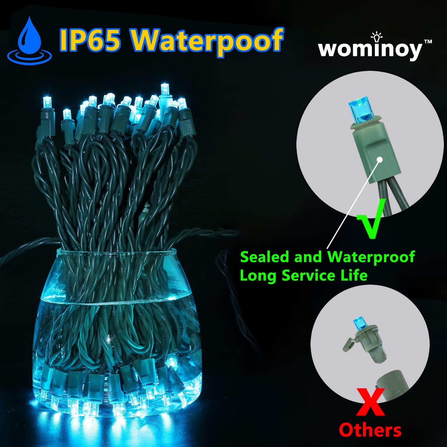 Wominoy 25Ft 50 Counts Aqua Led Christmas Lights - Commercial Grade Outdoor Waterproof, Wide Angle Green Wire, Xmas Tree Lights,