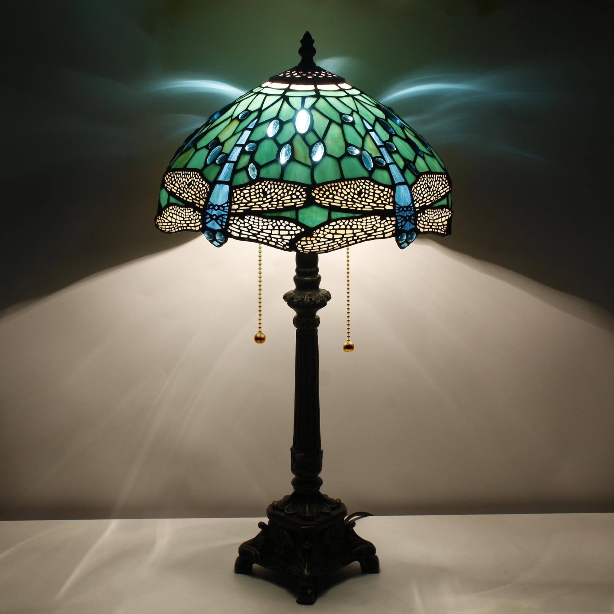 L-Juicwe Tiffany Table Lamp Green Stained Glass Desk Lamp 12X12X21 Inches Dragonfly Style Reading Light