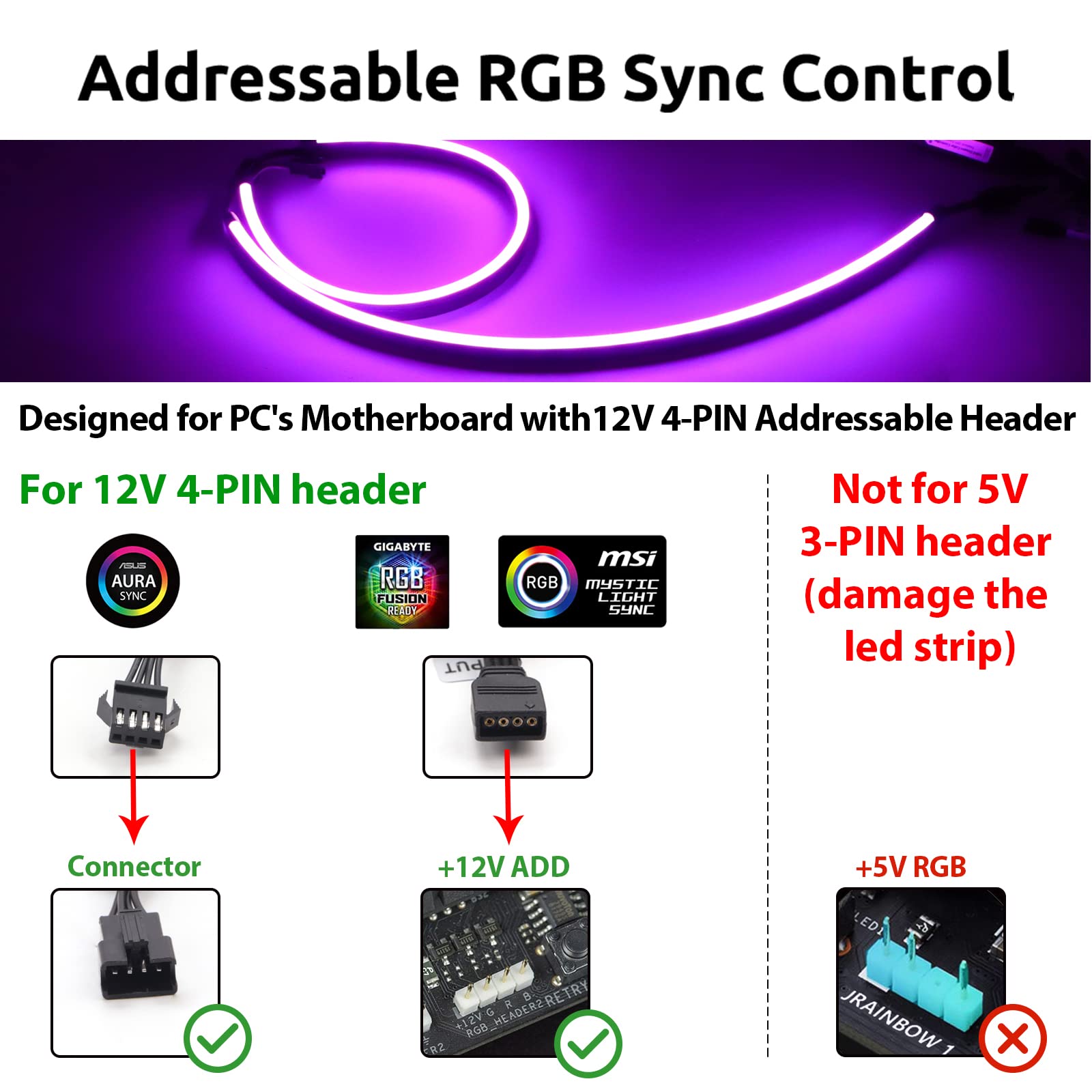 Speclux NEON RGB LED Strip - 12V 4-Pin, Compatible with Aura SYNC & More, 2 Strips, Copper Material, Strong Magnetic Brackets