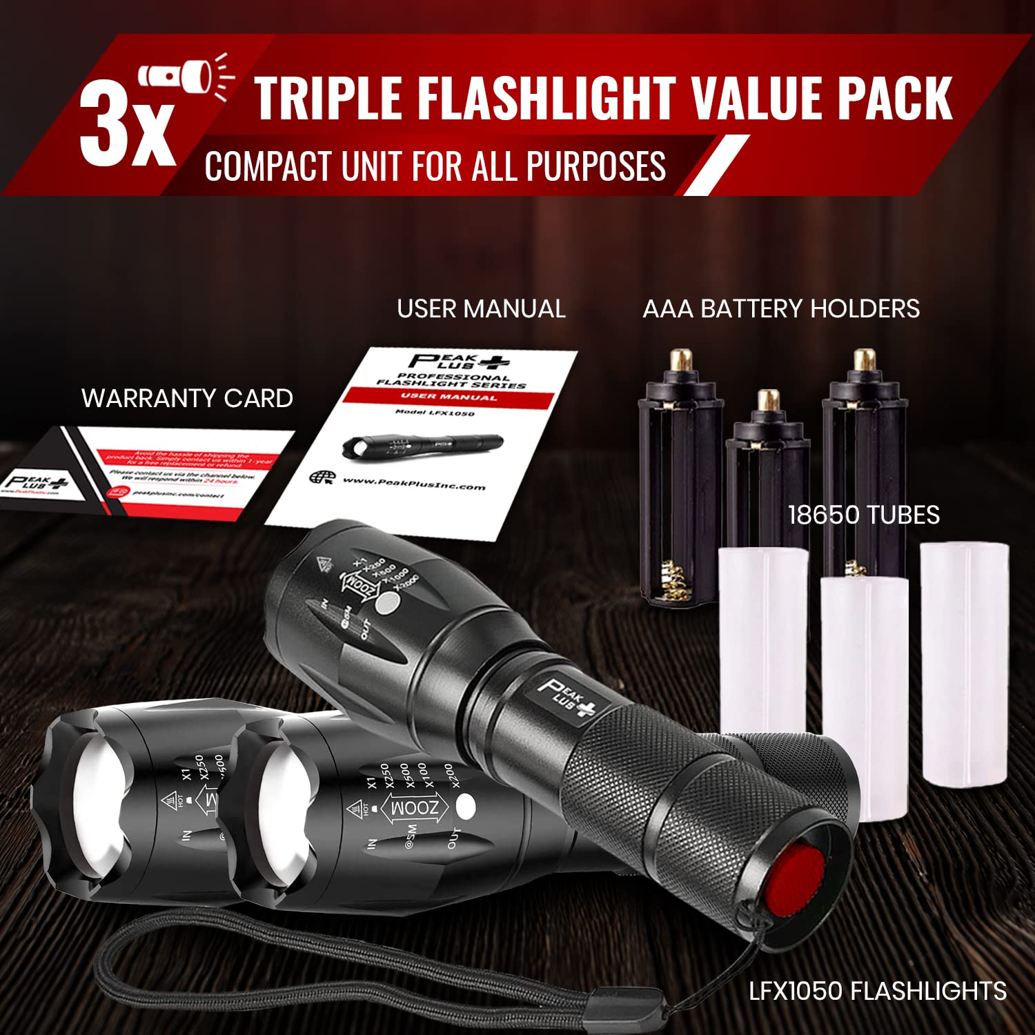 PeakPlus LED Tactical Flashlights, 5 Modes, Zoomable, Aluminum, 3 Pack, Black, Model PPLFX10503P