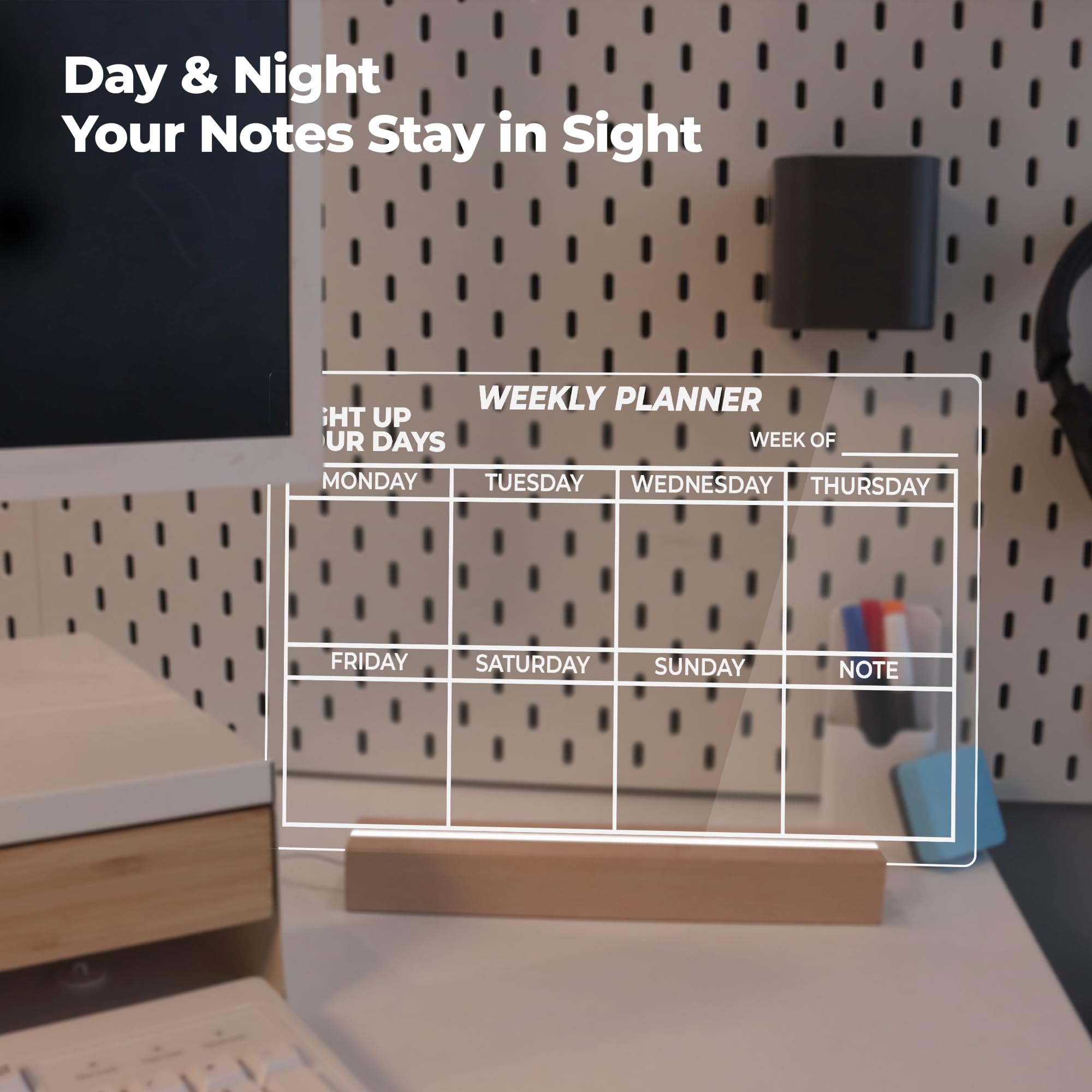 Memelight Acrylic Dry Erase Weekly Planner With Light 13 X 9 - Led Memo Display And Notepad Lamp For Clear Reminders - Acrylic L