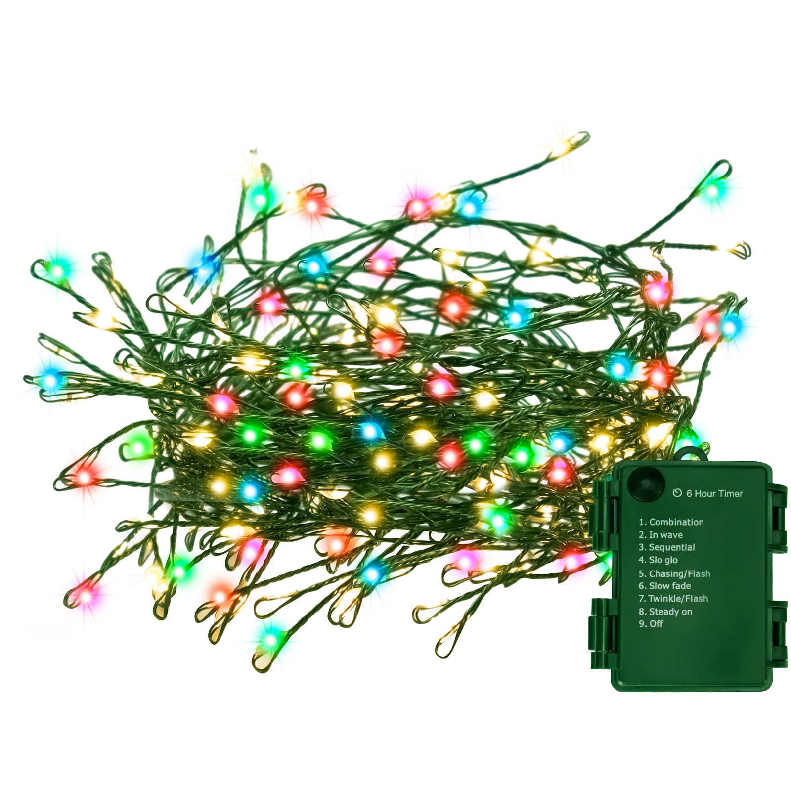 Outdoor Fairy Lights Battery Operated,10Feet 100LED Green Copper Wire Cluster Lights with Timer,Twinkle Firecracker String Lights, Mini Lights for Christmas Tree Wreath Wedding,Multicolor