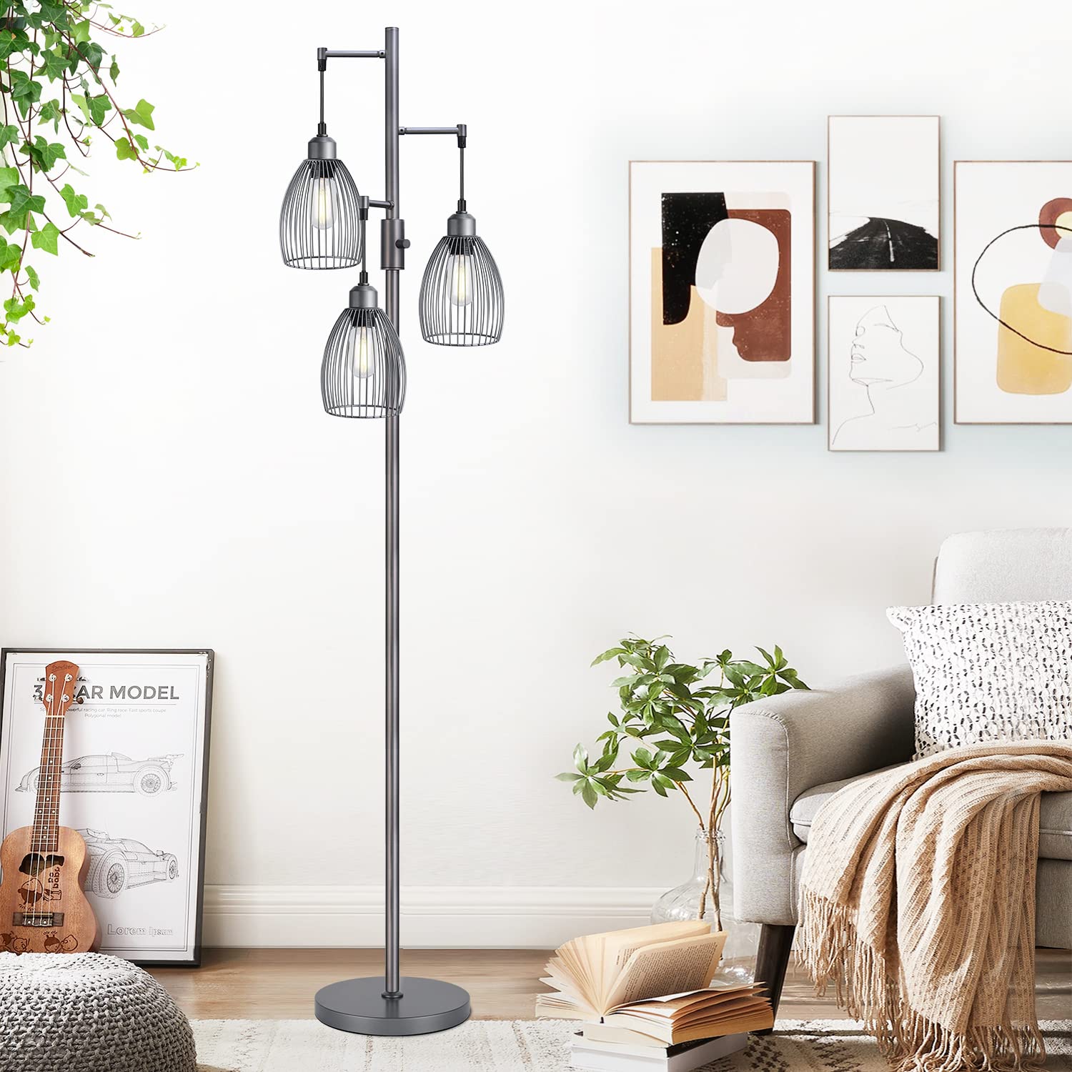 Dimmable Industrial Floor Lamps For Living Room, Gray Tree Standing Tall Lamps With 3 Elegant Teardrop Cage Head & 800 Lumens Le
