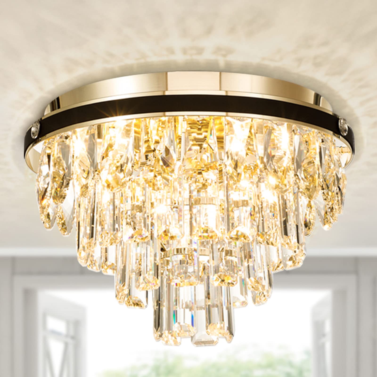 Crystal Chandeliers Flush Mount Ceiling Light Fixture 4 Lights Chandelier with Crystals Light Fixtures Ceiling Mount  Hallway Light Bedroom Chandelier for Dining Room Kitchen H9.84 x W13.78