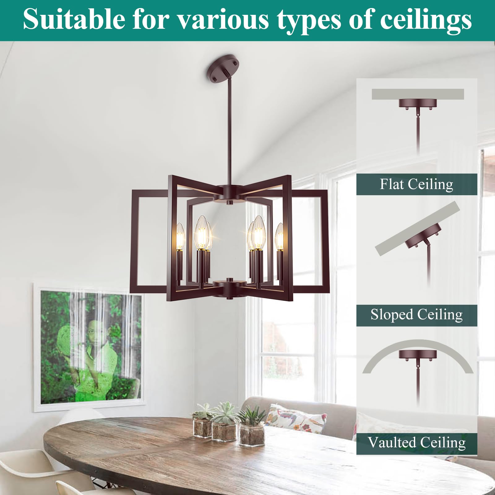 6-Light Oil-Rubbed Bronze Chandelier, Farmhouse Dining Room Light Fixture, Modern Chandelier, Geometric Industrial Metal Hang Li