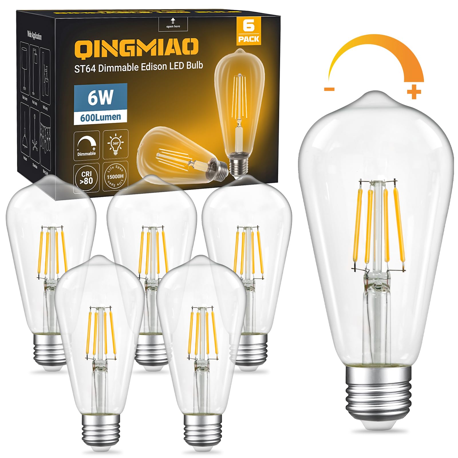 Qingmiao Dimmable Led Edison Bulbs, St64 E26 Base Led Light Bulbs, 6W, 3000K Soft White, Vintage Clear Glass Led Filament Bulb F