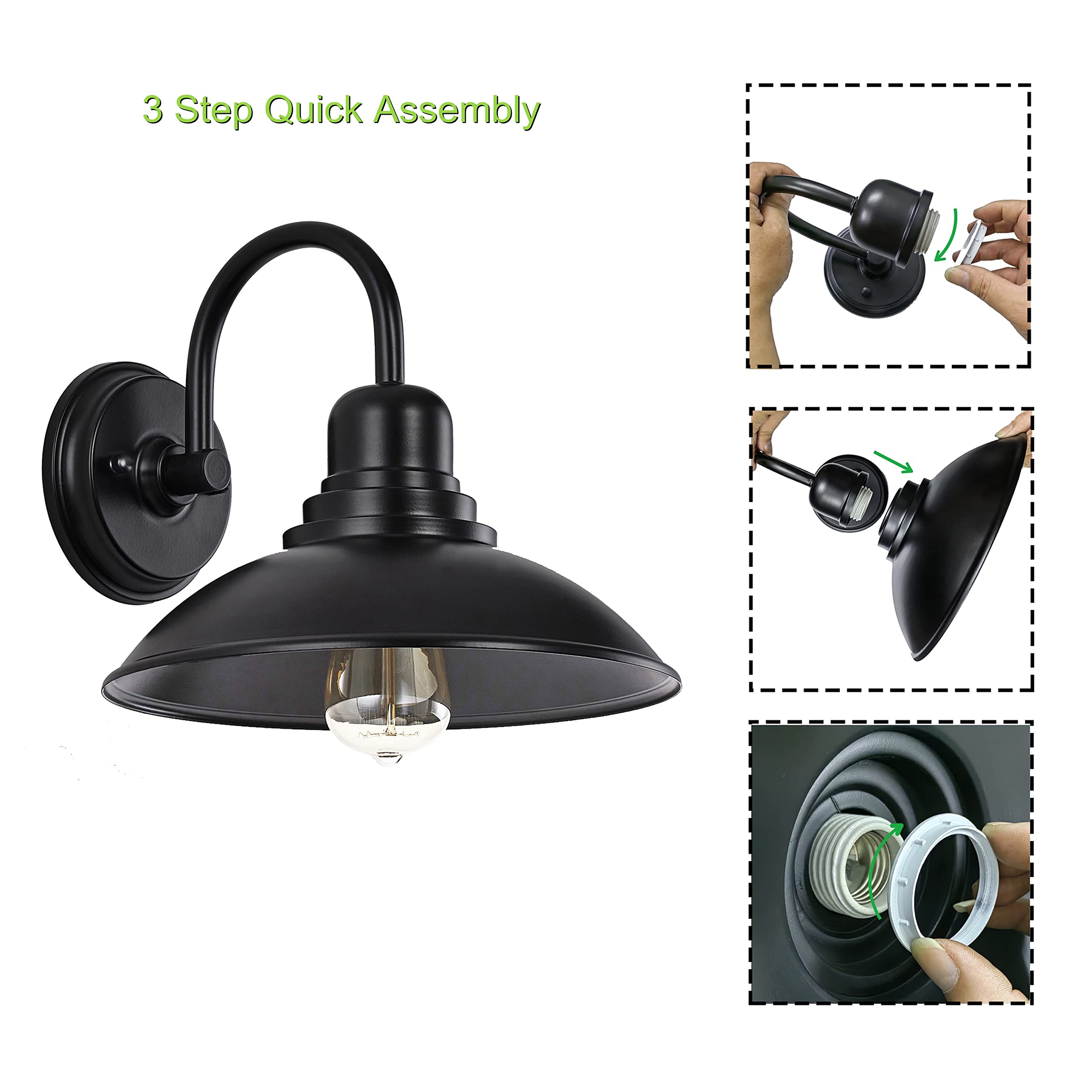 Goldhill Black Gooseneck Outdoor Barn Light, Farmhouse Vanity Lights With E26 Based Socket, Round Exterior Lights For House Garage Bathroom Bedroom