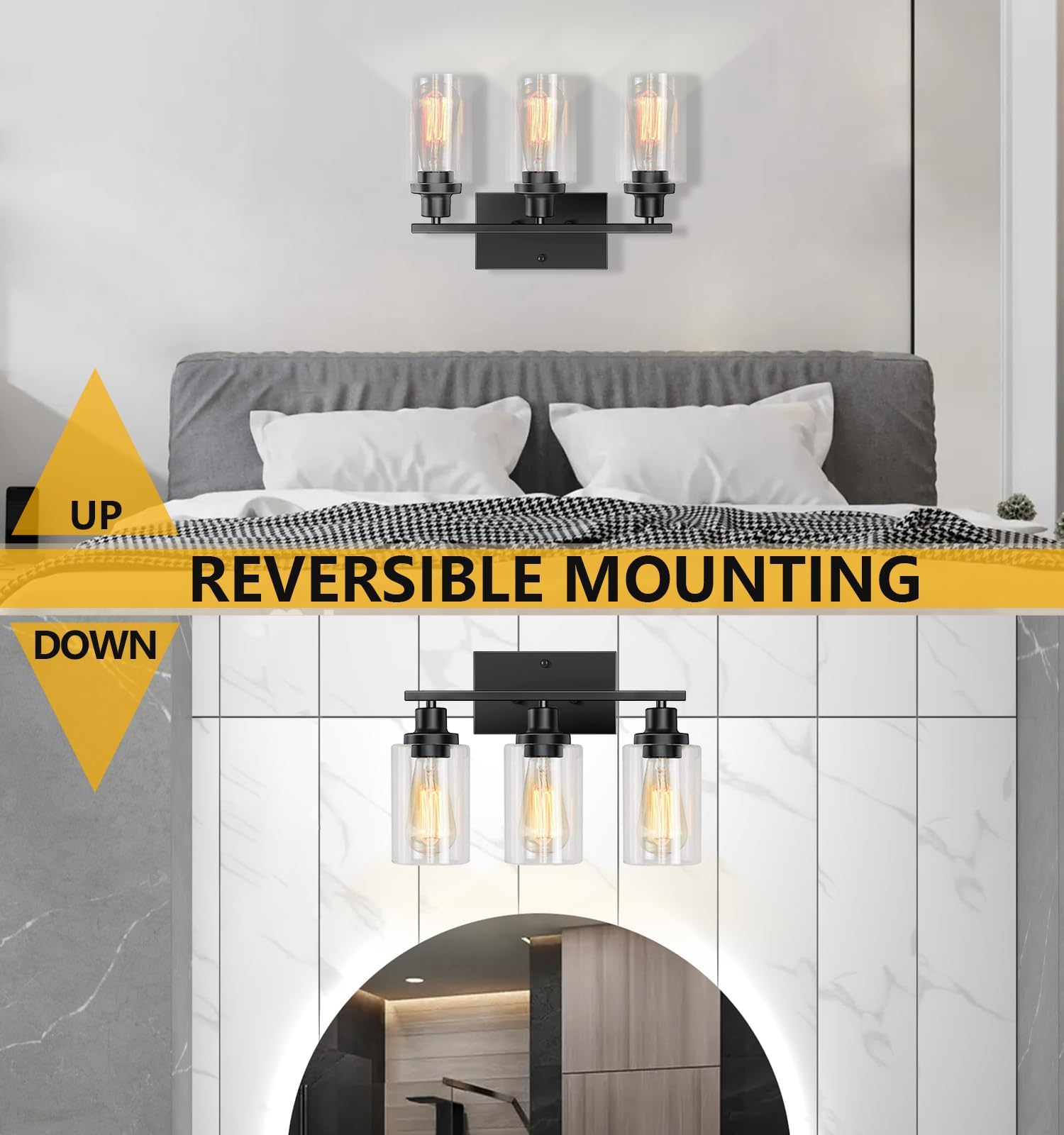SANGFOR 3-Light Vanity Light Fixtures, Modern Metal Bathroom Lighting, E26 Base, Matte Black, Clear Glass Shades, Size M