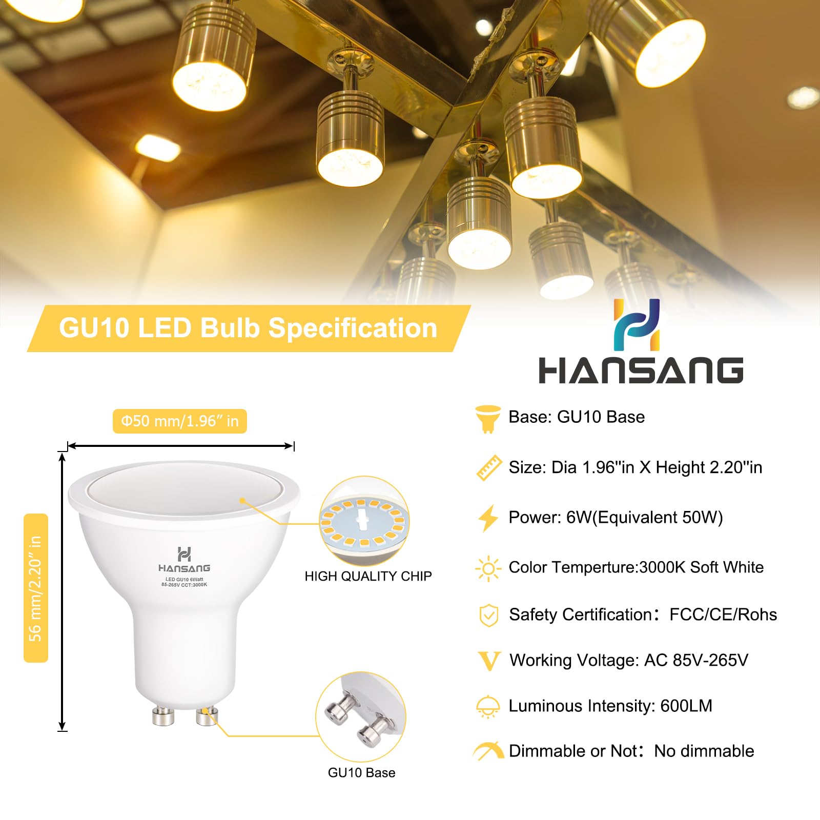 hansang GU10 LED Bulbs, 6W Equivalent, 550 Lumens, Warm White 3000K, Frosted MR16 Shape, 6 Pack, Non-Dimmable