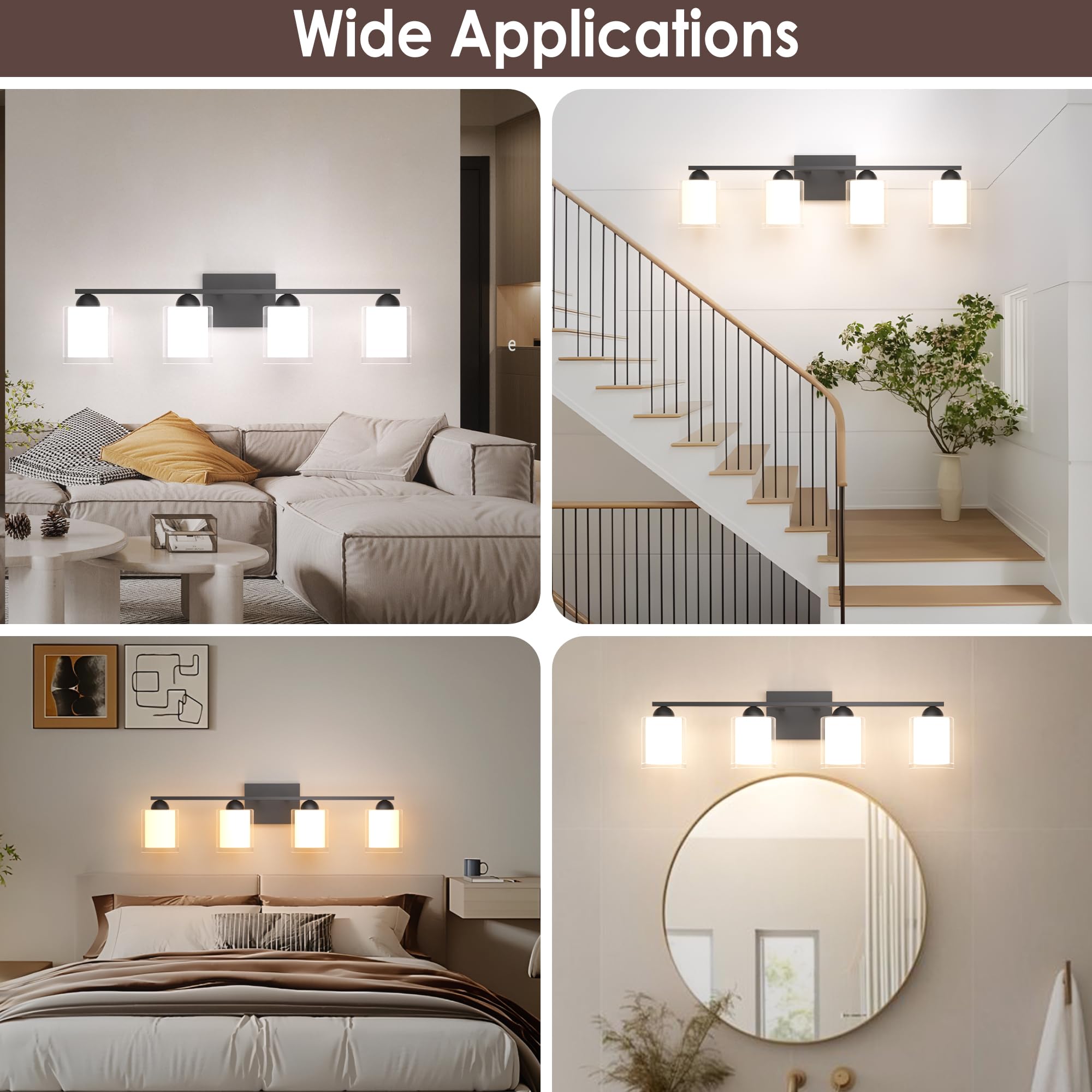 Quntis Black Bathroom Lighting Fixtures Over Mirror With 5 Color Modes  4 Light Dimmable Led Bathroom Vanity Light  With Eye Care Milk White Frosted Glass  28W Energy Saving  27 Inch (Bulbs Included)